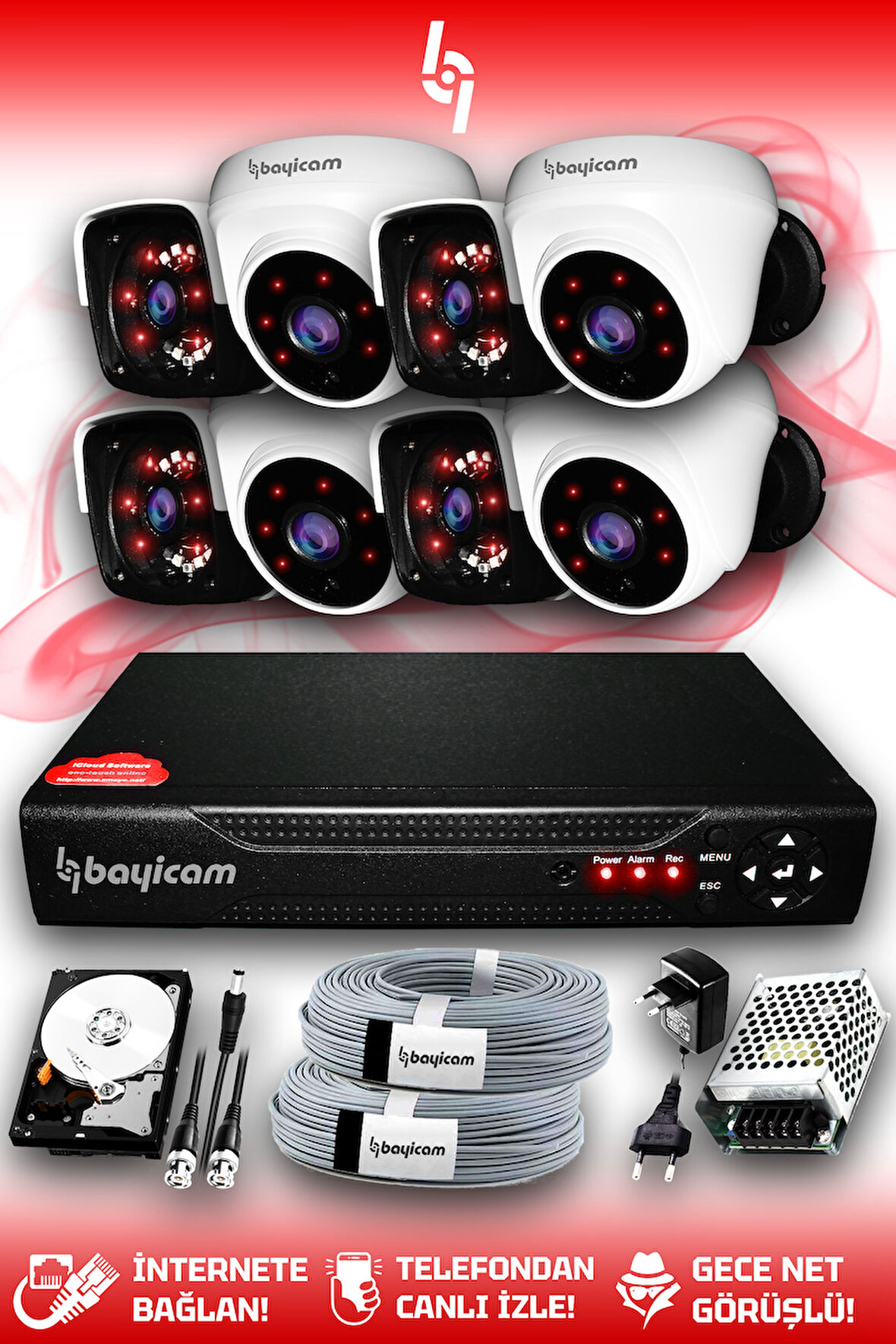 BAYICAM 8 Kameralı Panda 4 İç Kamera Set 100 GB HDD Full HD Gece Görüşlü Güvenlik Kamerası Sistemi