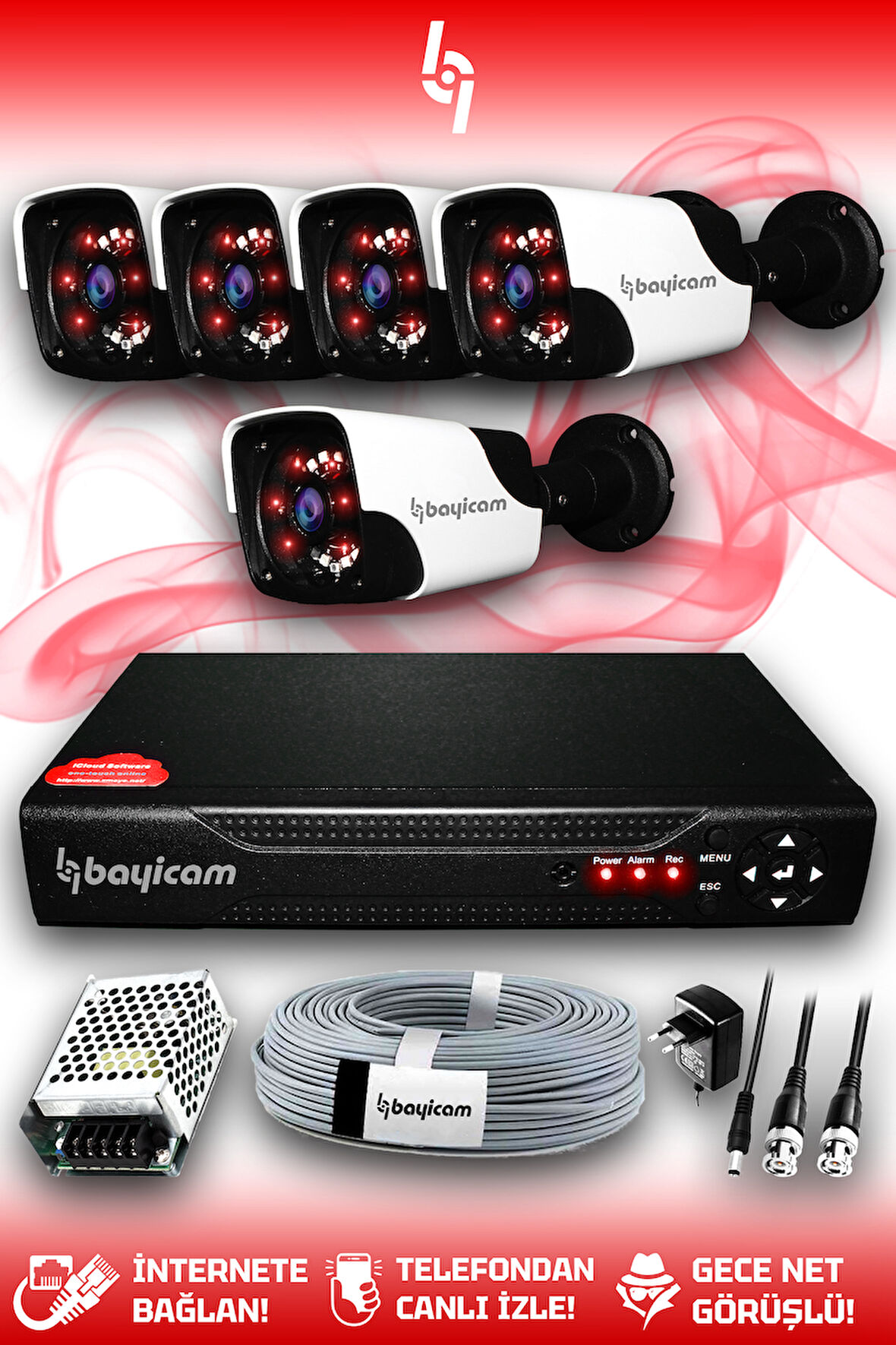 BAYICAM 5 Kameralı Panda 5 Dış Kamera Set HDD'siz Full HD Gece Görüşlü Güvenlik Kamerası Sistemi