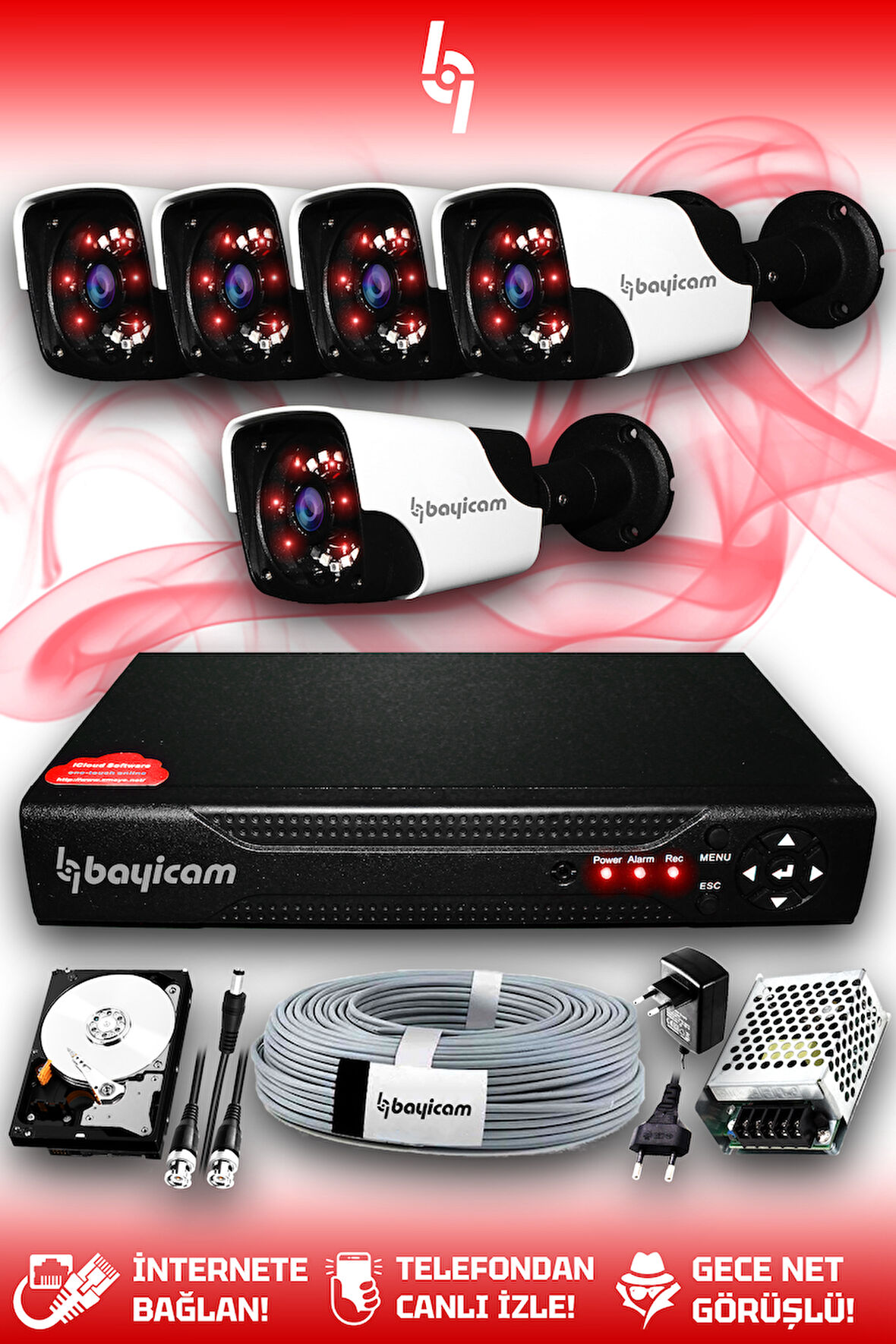BAYICAM 5 Kameralı Panda 5 Dış Kamera Set 100 GB HDD Full HD Gece Görüşlü Güvenlik Kamerası Sistemi