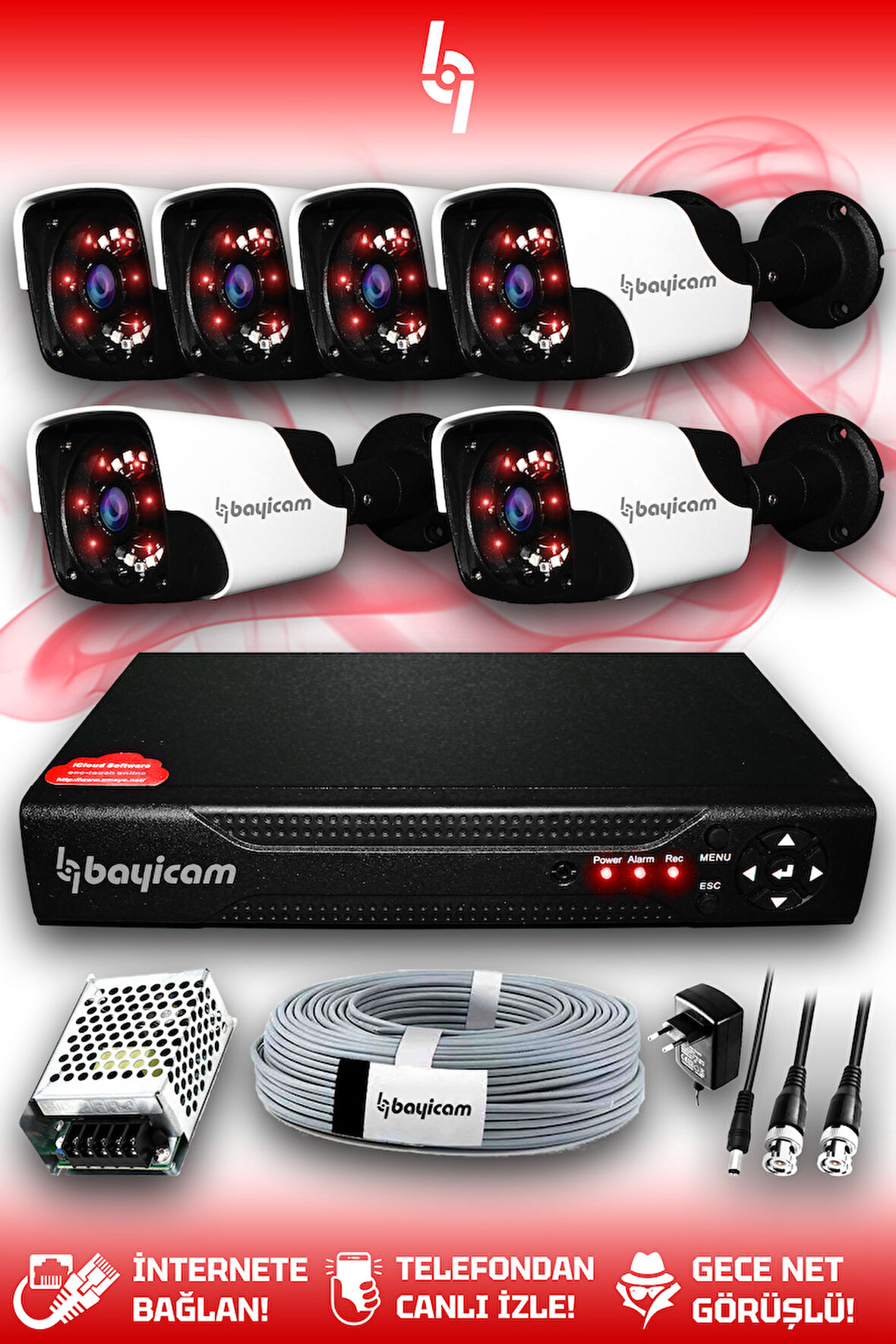 BAYICAM 6 Kameralı Panda 6 Dış Kamera Set HDD'siz Full HD Gece Görüşlü Güvenlik Kamerası Sistemi