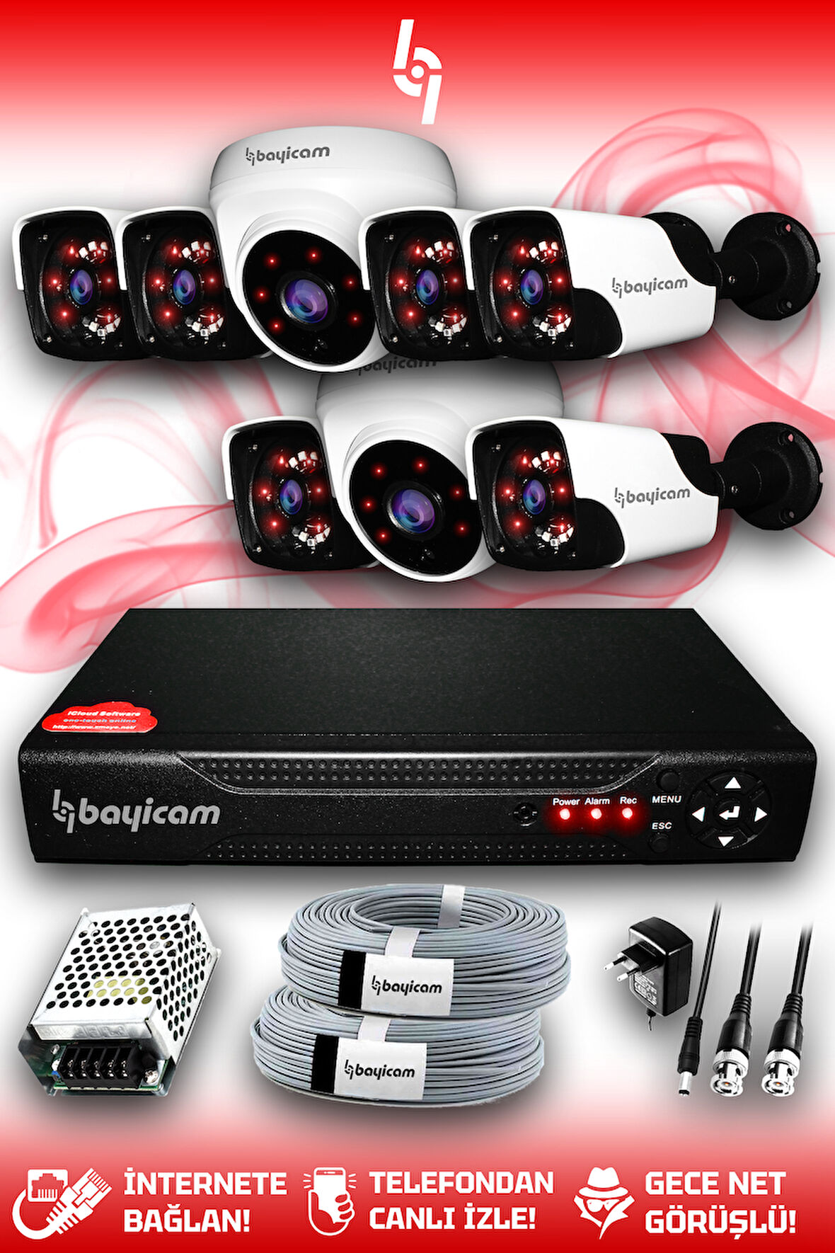 BAYICAM 8 Kameralı Panda 2 İç Kamera Set HDD'siz Full HD Gece Görüşlü Güvenlik Kamerası Sistemi