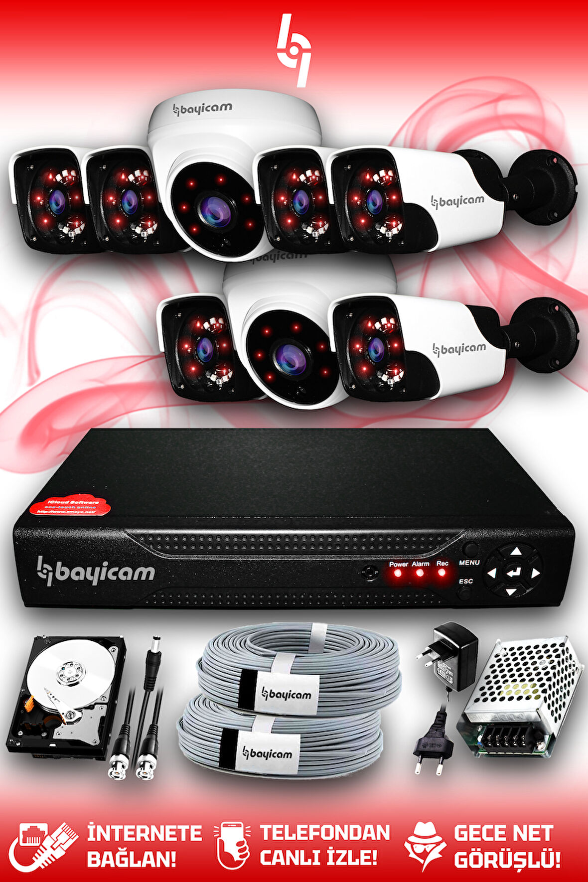 BAYICAM 8 Kameralı Panda 2 İç Kamera Set 100 GB HDD Full HD Gece Görüşlü Güvenlik Kamerası Sistemi
