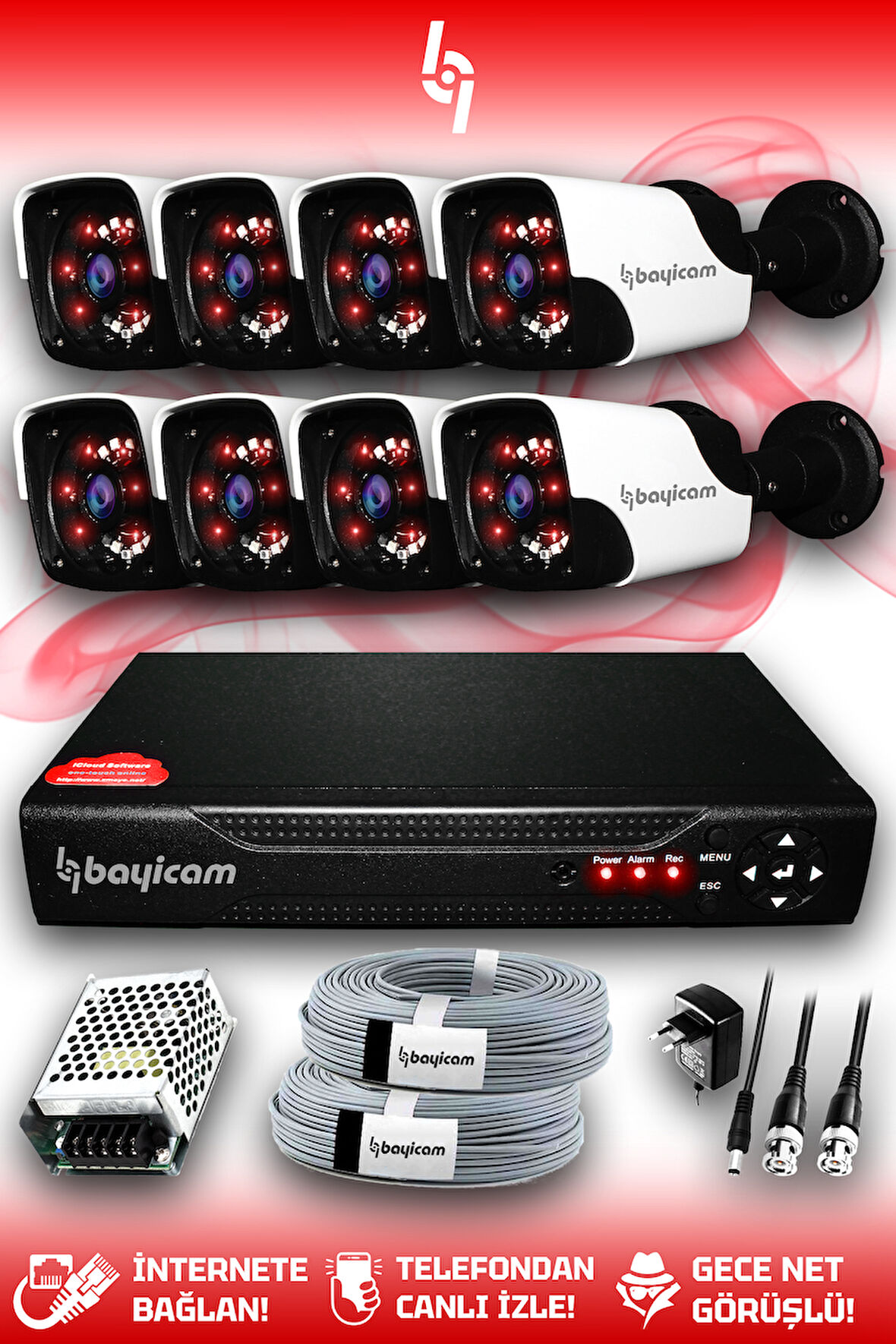 BAYICAM 8 Kameralı Panda 8 Dış Kamera Set HDD'siz Full HD Gece Görüşlü Güvenlik Kamerası Sistemi