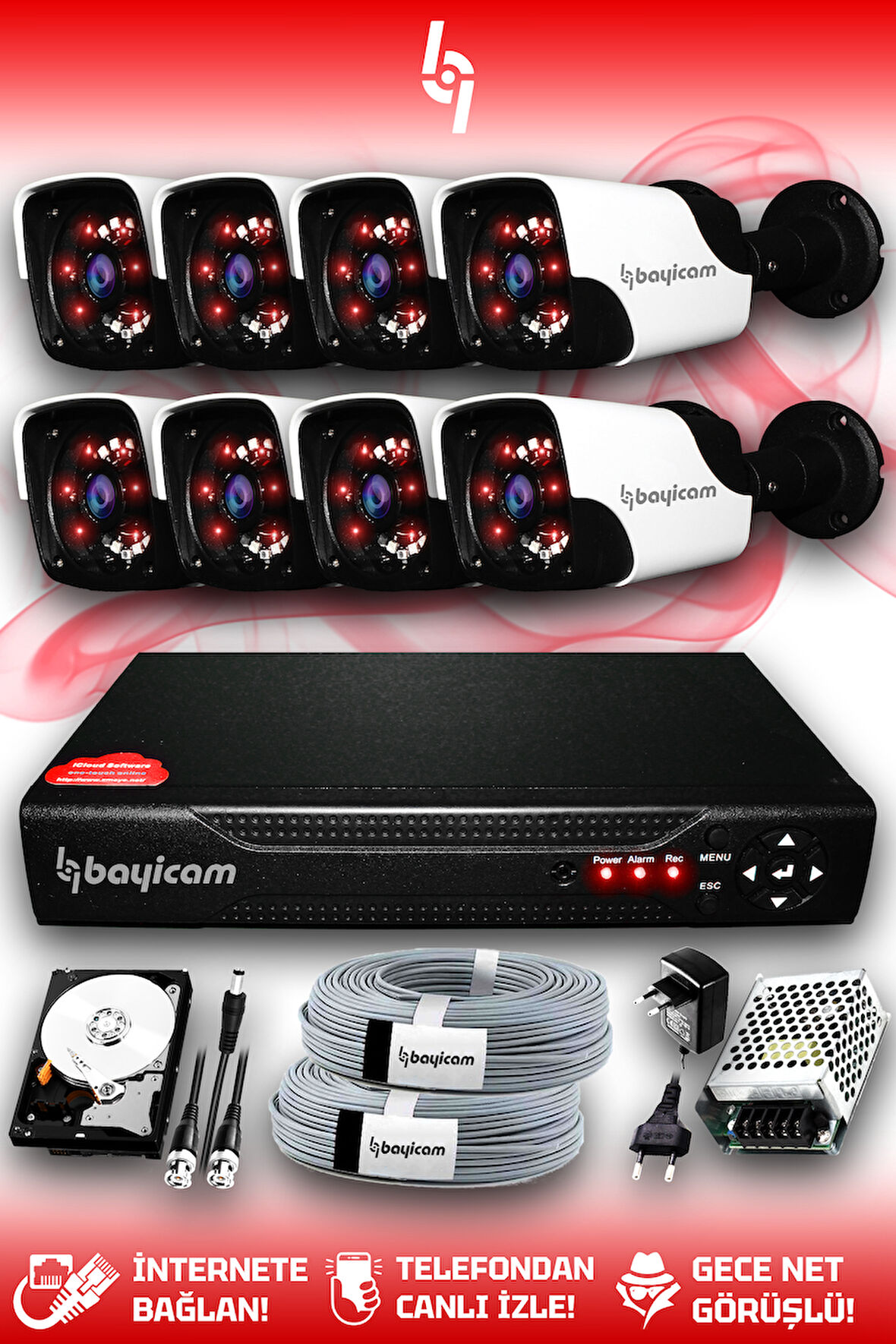 BAYICAM 8 Kameralı Panda 8 Dış Kamera Set 2 TB HDD Full HD Gece Görüşlü Güvenlik Kamerası Sistemi