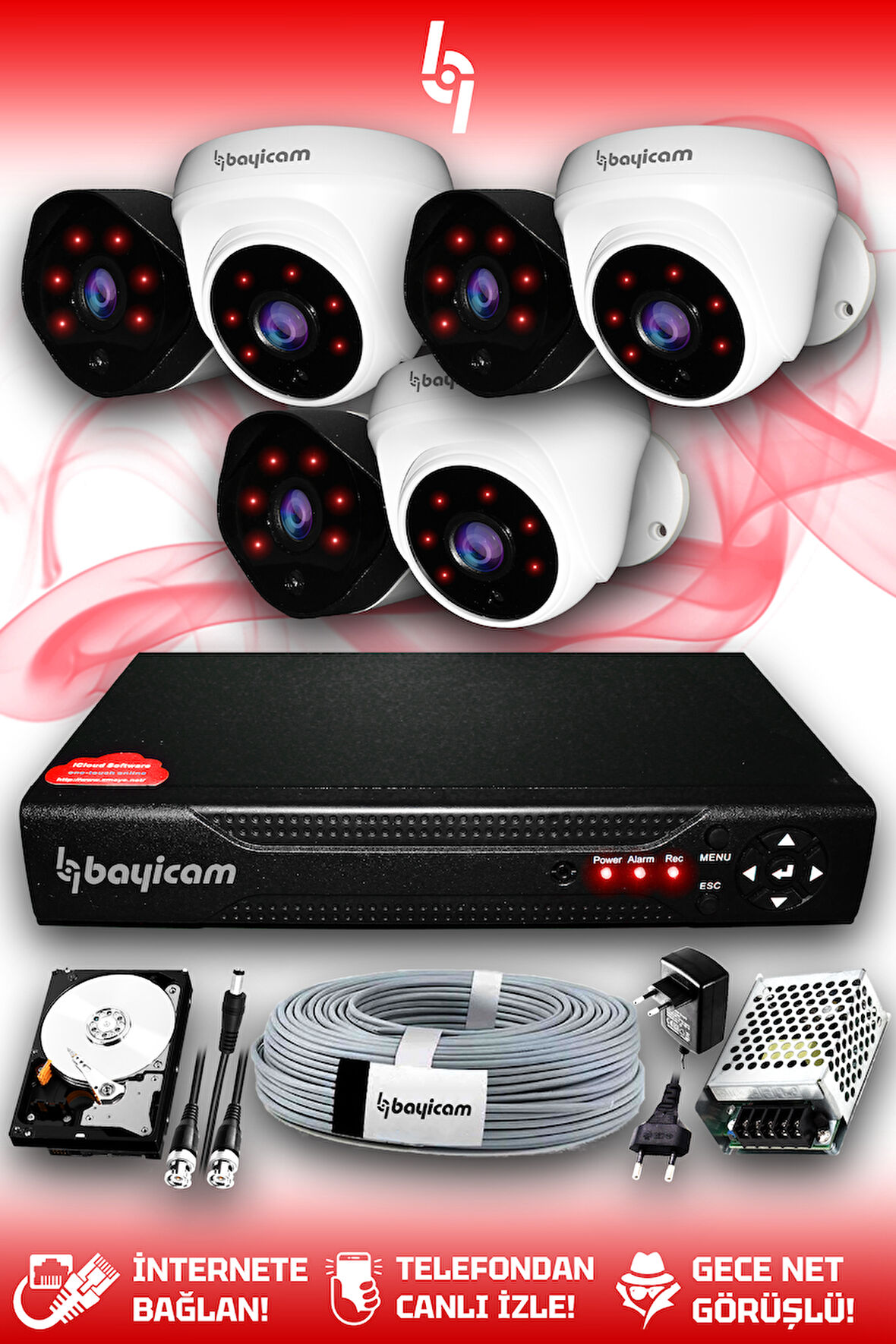 BAYICAM 6 Kameralı Uzay 3 İç Kamera Set 320 GB HDD Full HD Gece Görüşlü Güvenlik Kamerası Sistemi