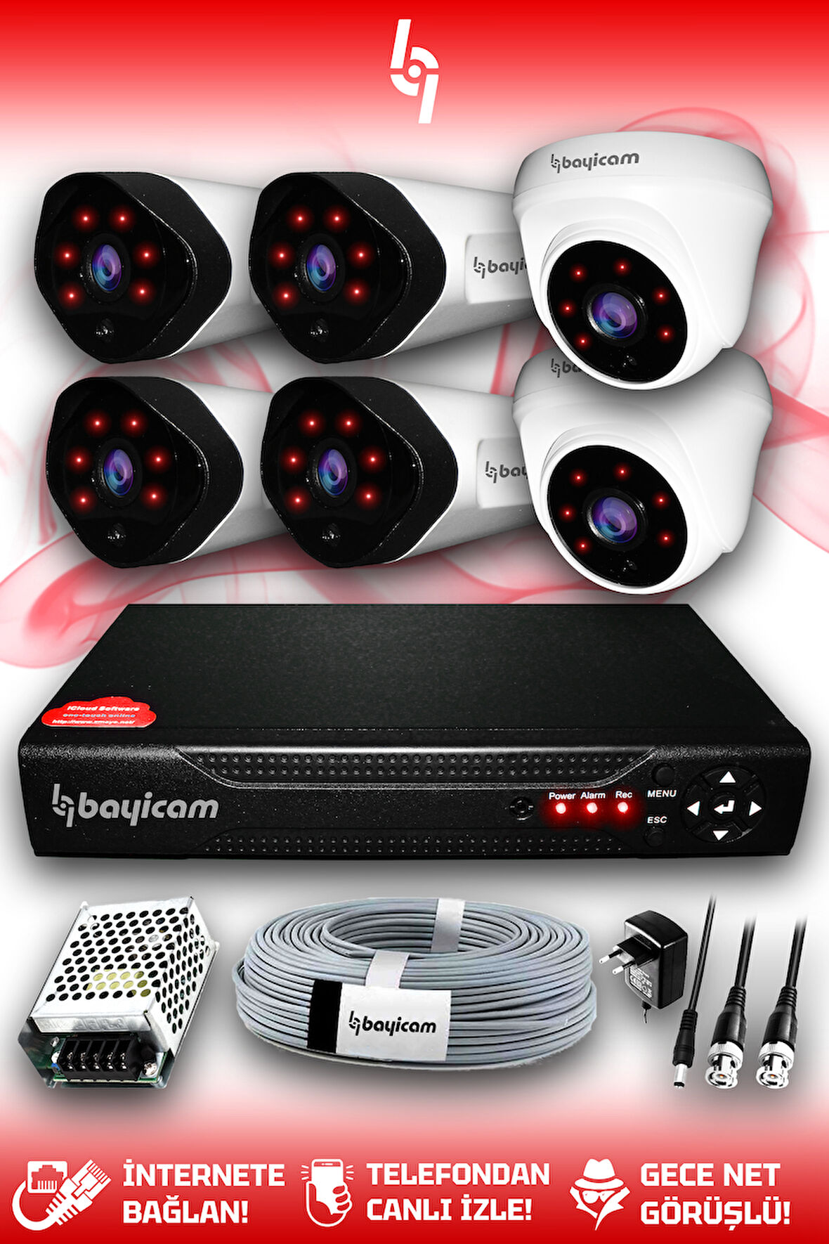 BAYICAM 6 Kameralı Uzay 2 İç Kamera Set HDD'siz Full HD Gece Görüşlü Güvenlik Kamerası Sistemi