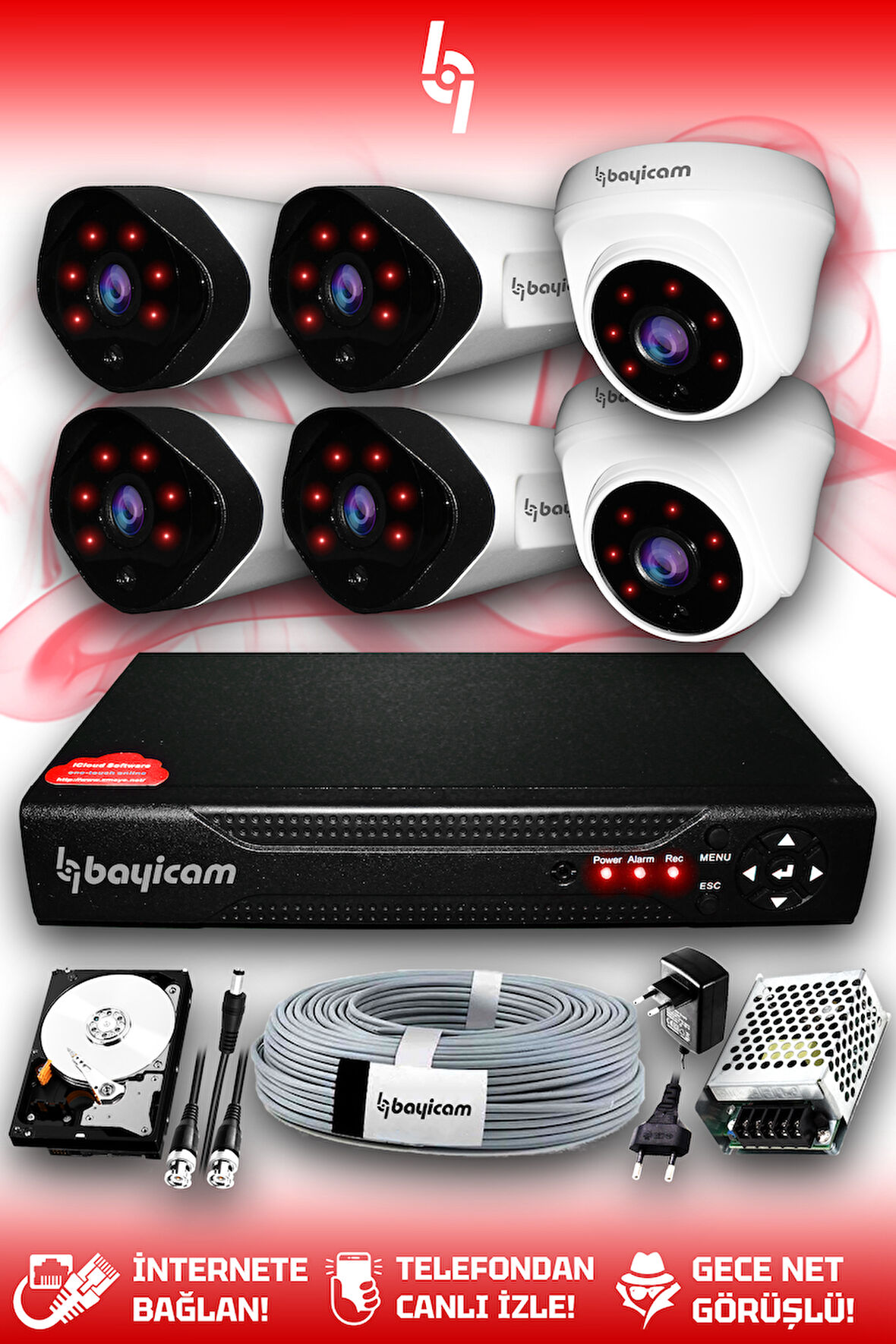 BAYICAM 6 Kameralı Uzay 2 İç Kamera Set 100 GB HDD Full HD Gece Görüşlü Güvenlik Kamerası Sistemi