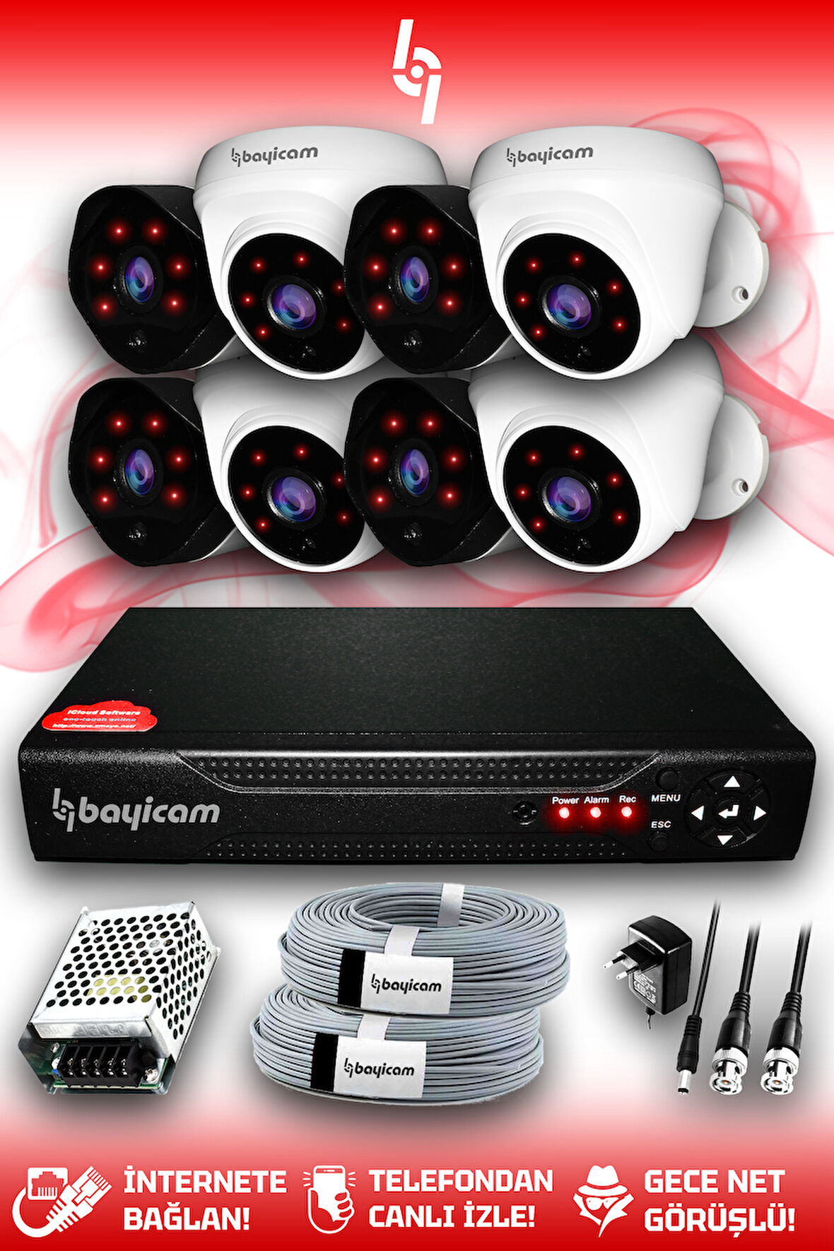 BAYICAM 8 Kameralı Uzay 4 İç Kamera Set HDD'siz Full HD Gece Görüşlü Güvenlik Kamerası Sistemi