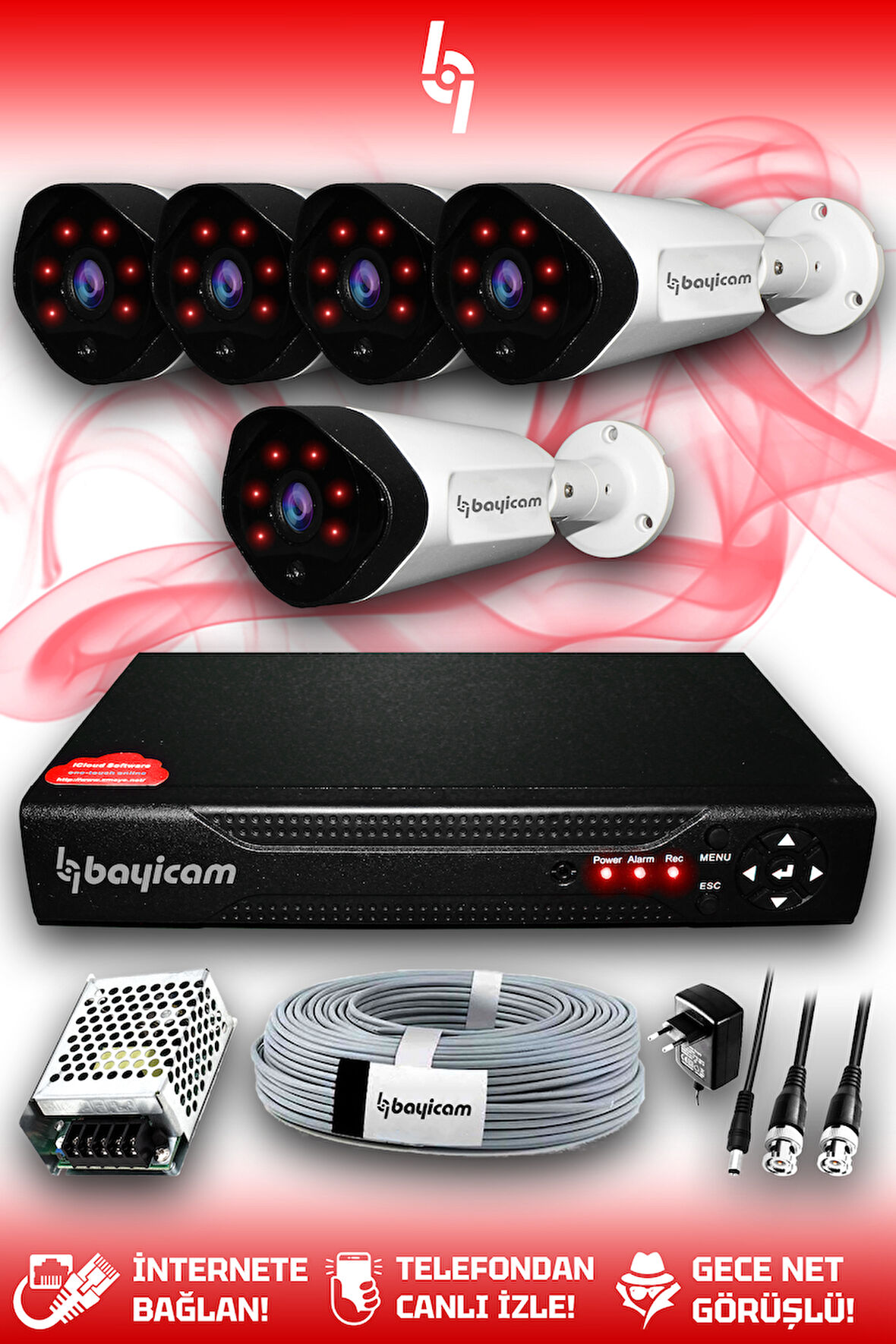 BAYICAM 5 Kameralı Uzay 5 Dış Kamera Set HDD'siz Full HD Gece Görüşlü Güvenlik Kamerası Sistemi