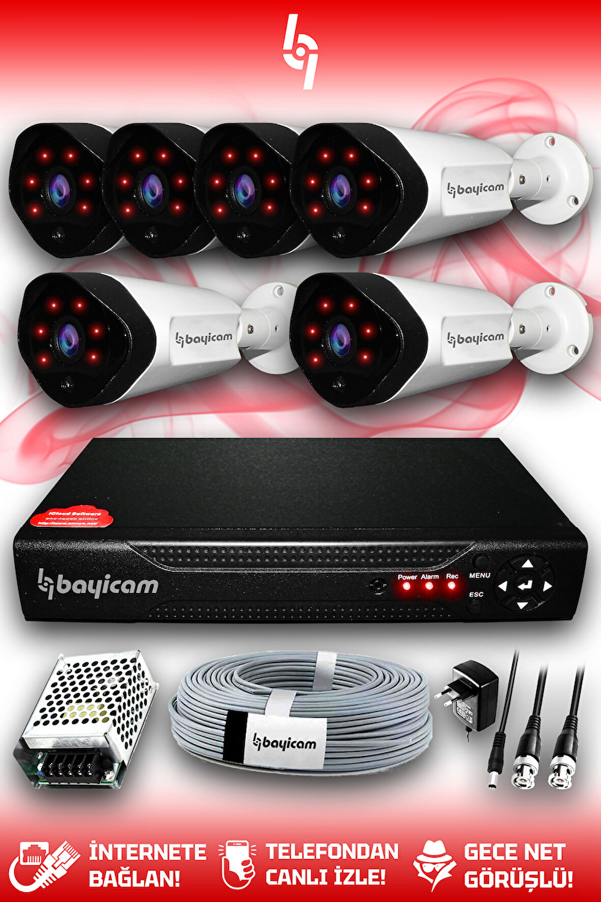 BAYICAM 6 Kameralı Uzay 6 Dış Kamera Set HDD'siz Full HD Gece Görüşlü Güvenlik Kamerası Sistemi