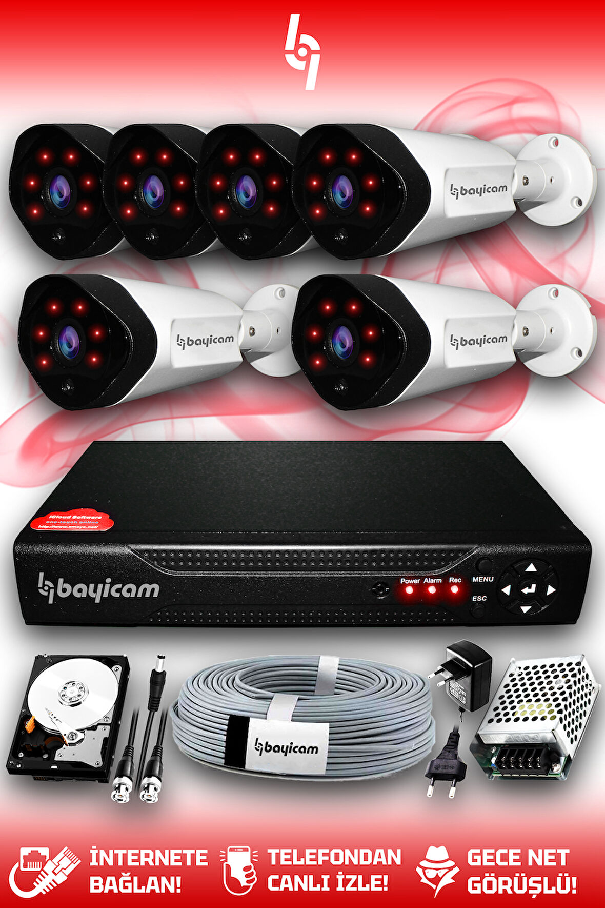 BAYICAM 6 Kameralı Uzay 6 Dış Kamera Set 100 GB HDD Full HD Gece Görüşlü Güvenlik Kamerası Sistemi