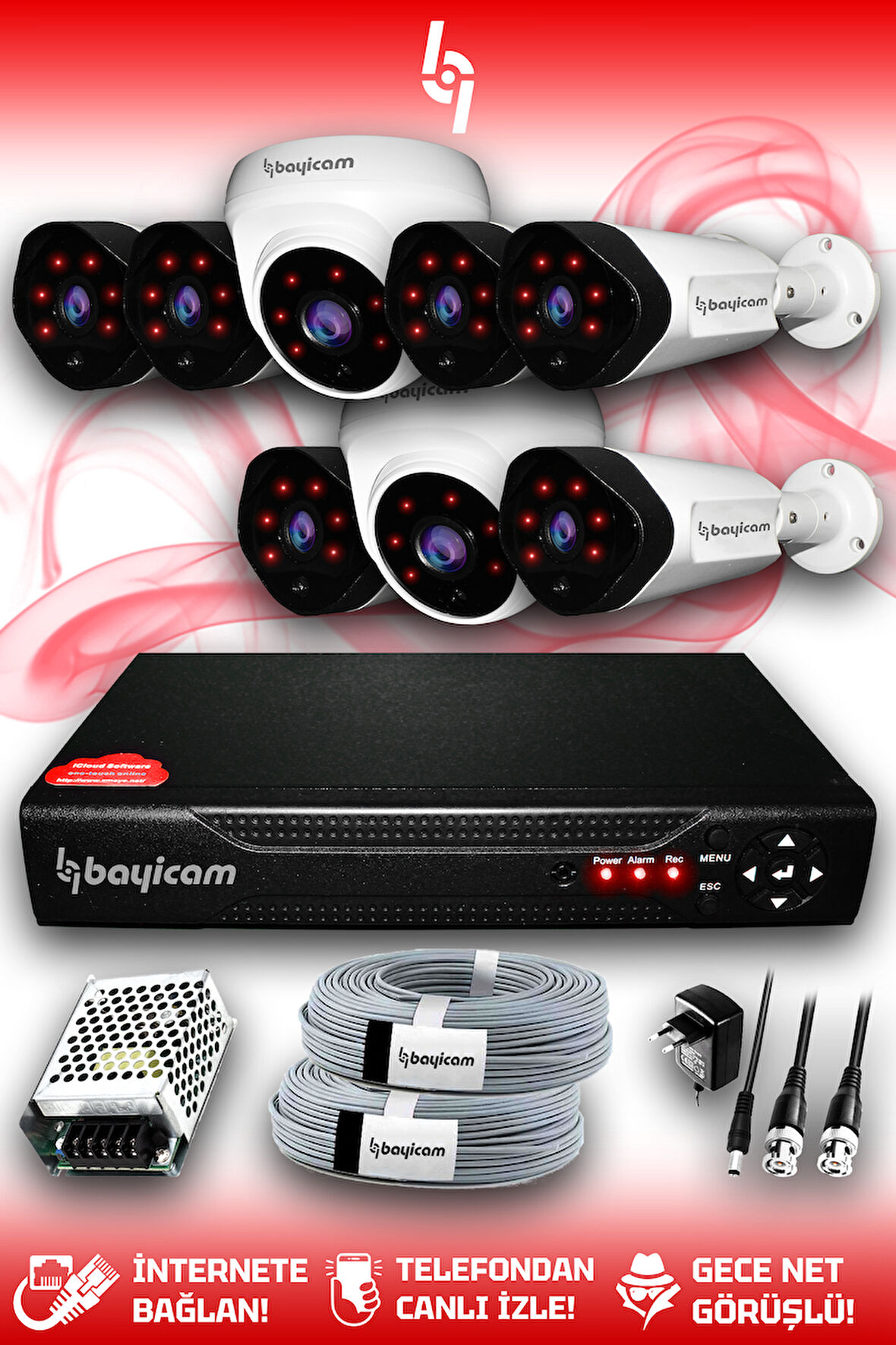 BAYICAM 8 Kameralı Uzay 2 İç Kamera Set HDD'siz Full HD Gece Görüşlü Güvenlik Kamerası Sistemi