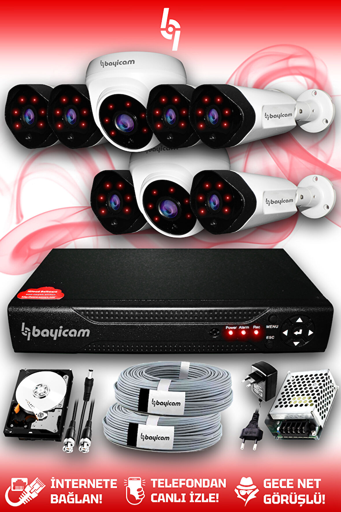 BAYICAM 8 Kameralı Uzay 2 İç Kamera Set 100 GB HDD Full HD Gece Görüşlü Güvenlik Kamerası Sistemi