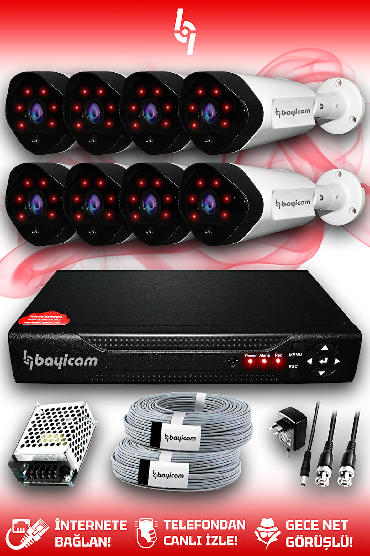 BAYICAM 8 Kameralı Uzay 8 Dış Kamera Set HDD'siz Full HD Gece Görüşlü Güvenlik Kamerası Sistemi