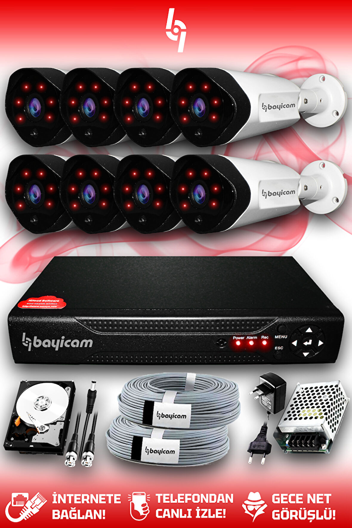 BAYICAM 8 Kameralı Uzay 8 Dış Kamera Set 100 GB HDD Full HD Gece Görüşlü Güvenlik Kamerası Sistemi