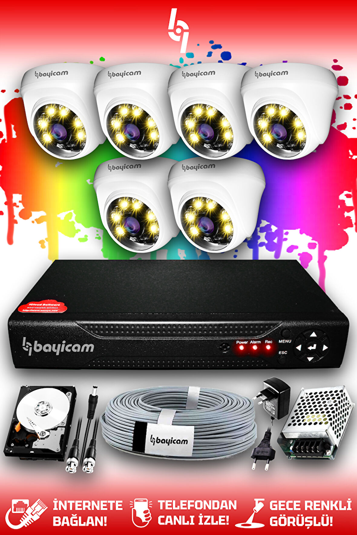 BAYICAM 6 Kameralı Dome 6 İç Kamera Set 1 TB HDD Full HD Renkli Gece Görüşlü Güvenlik Kamerası Sistemi