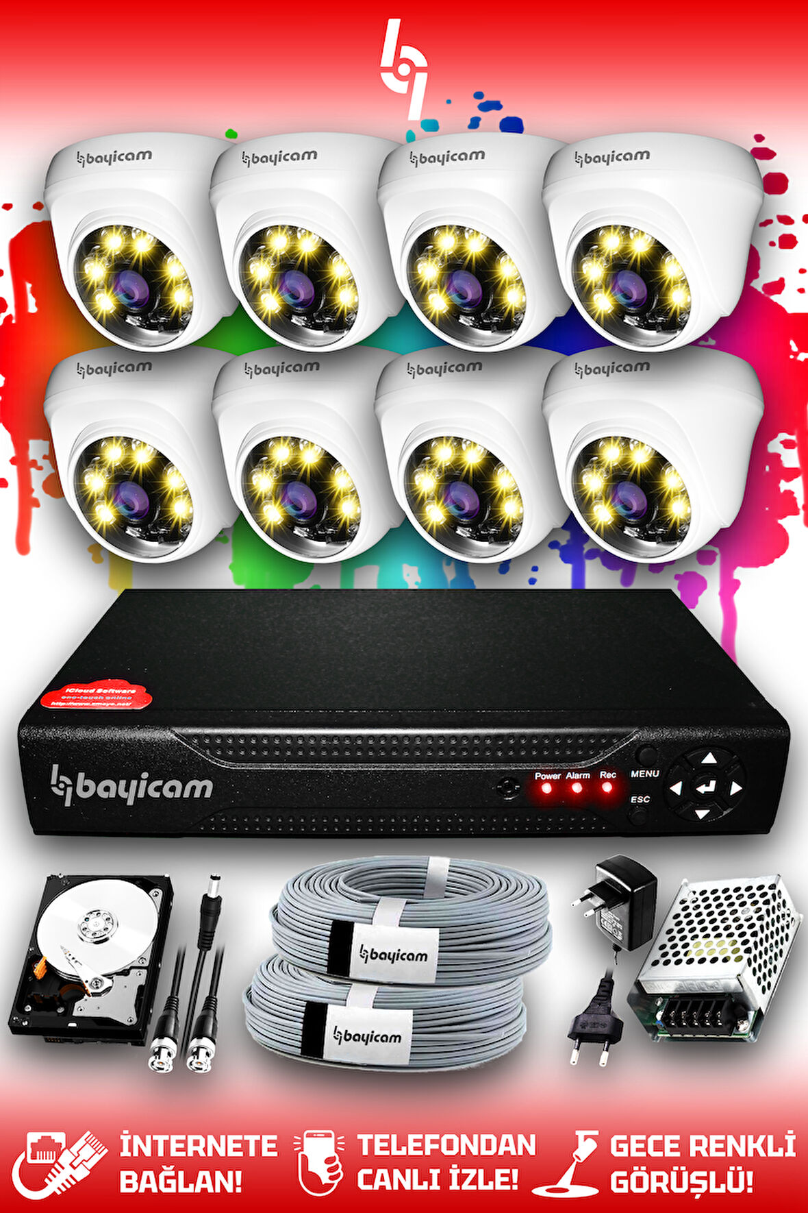 BAYICAM 8 Kameralı Dome 8 İç Kamera Set 250 GB HDD Full HD Renkli Gece Görüşlü Güvenlik Kamerası Sistemi