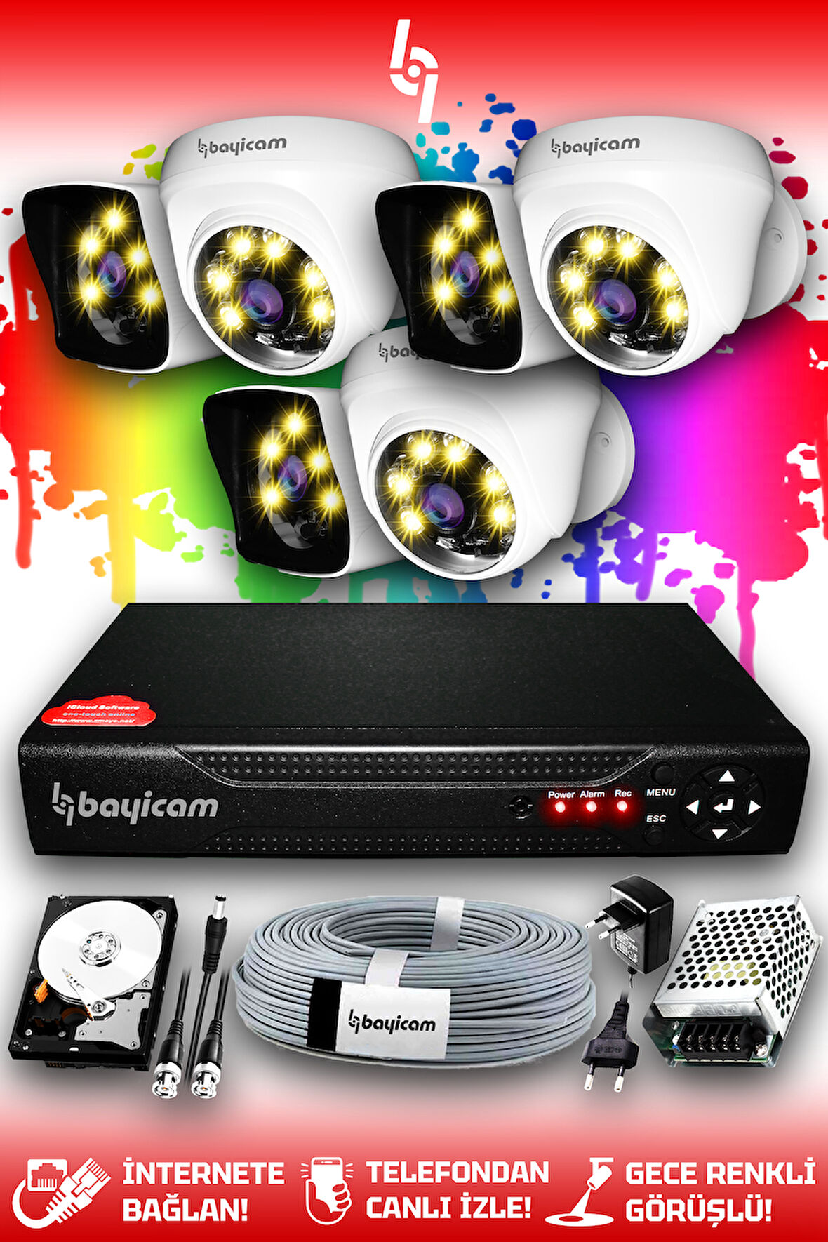 BAYICAM 6 Kameralı Kare 3 İç Kamera Set 500 GB HDD Full HD Renkli Gece Görüşlü Güvenlik Kamerası Sistemi