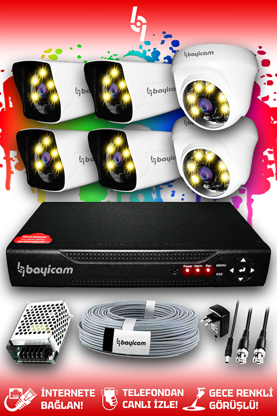 BAYICAM 6 Kameralı Kare 2 İç Kamera Set HDD'siz Full HD Renkli Gece Görüşlü Güvenlik Kamerası Sistemi