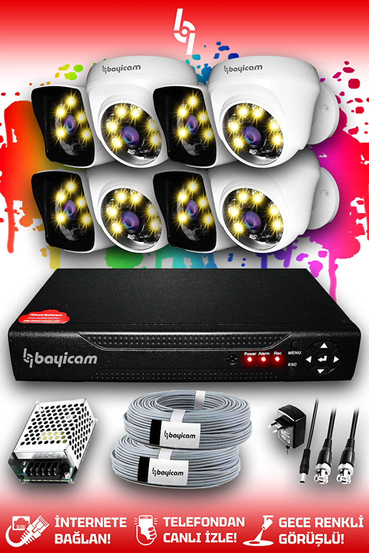 BAYICAM 8 Kameralı Kare 4 İç Kamera Set HDD'siz Full HD Renkli Gece Görüşlü Güvenlik Kamerası Sistemi