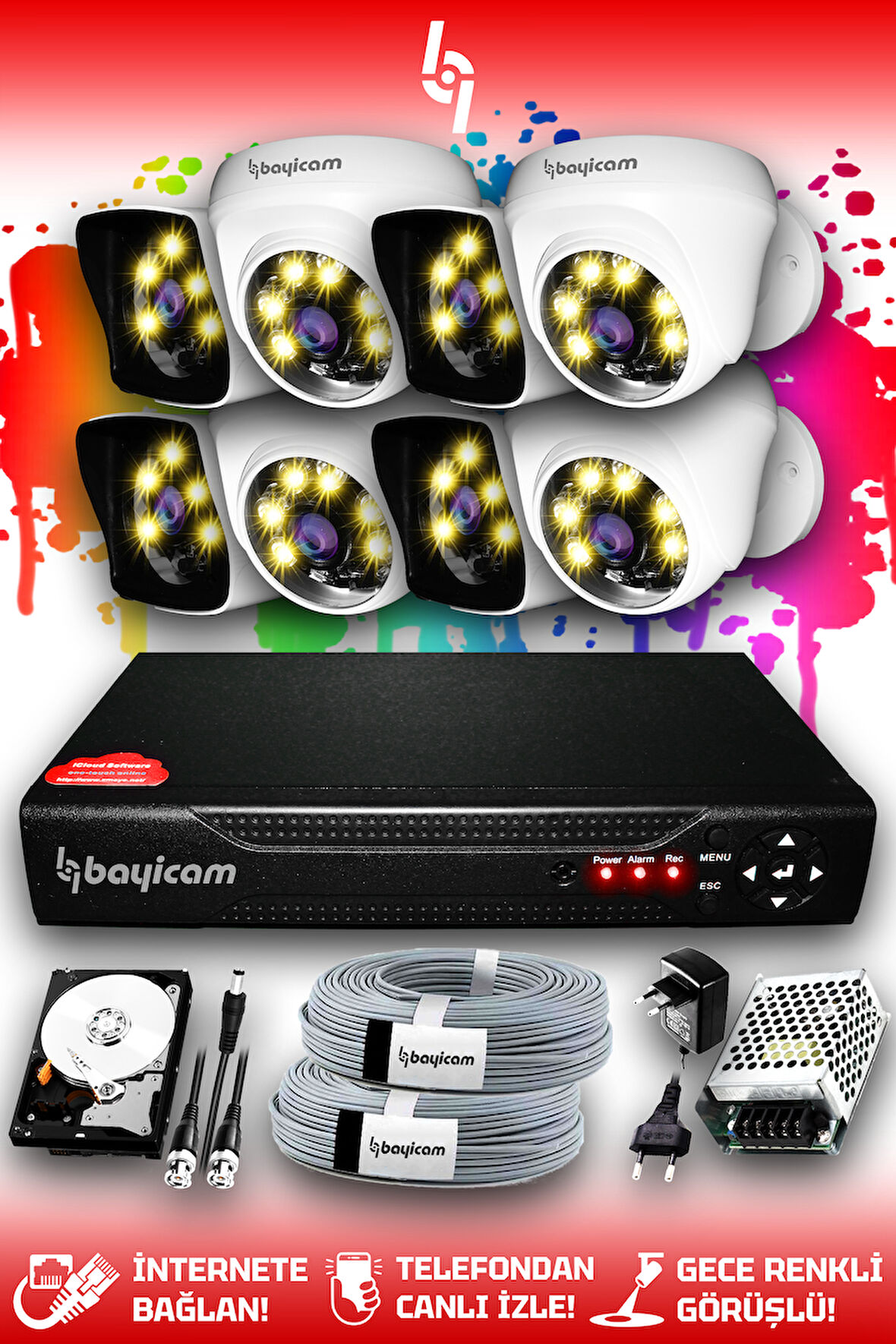 BAYICAM 8 Kameralı Kare 4 İç Kamera Set 250 GB HDD Full HD Renkli Gece Görüşlü Güvenlik Kamerası Sistemi