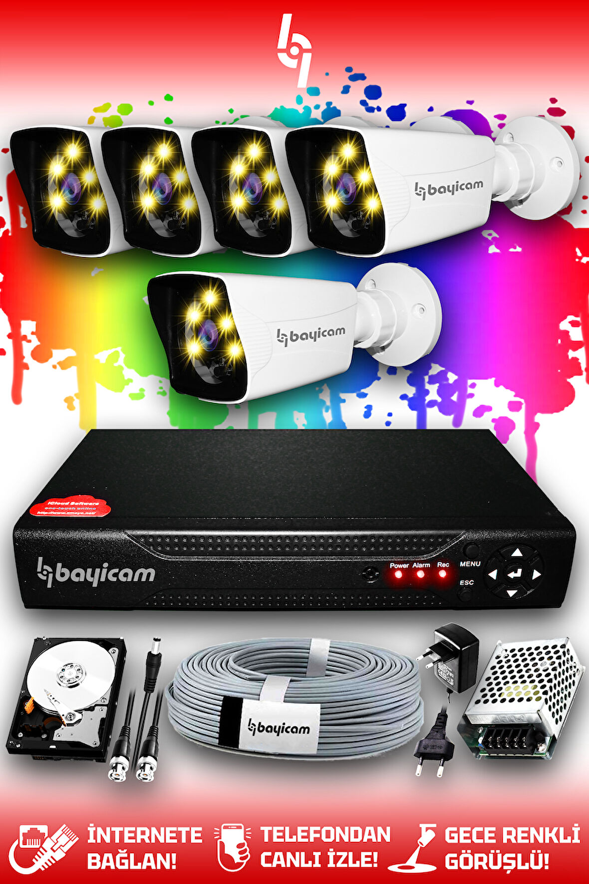 BAYICAM 5 Kameralı Kare 5 Dış Kamera Set 320 GB HDD Full HD Renkli Gece Görüşlü Güvenlik Kamerası Sistemi