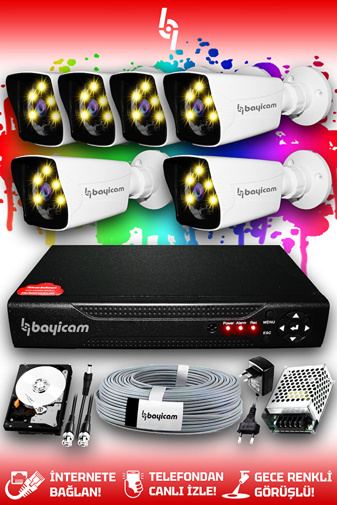 BAYICAM 6 Kameralı Kare 6 Dış Kamera Set 250 GB HDD Full HD Renkli Gece Görüşlü Güvenlik Kamerası Sistemi