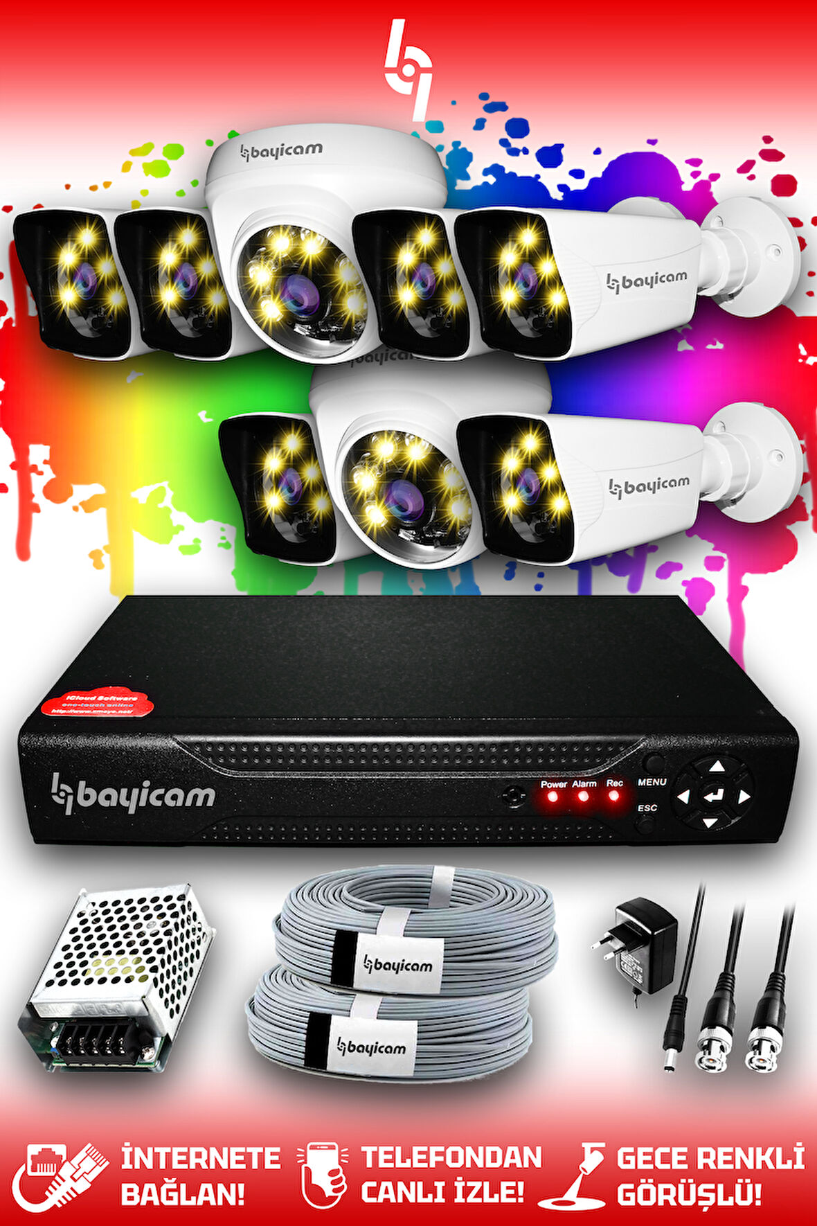 BAYICAM 8 Kameralı Kare 2 İç Kamera Set HDD'siz Full HD Renkli Gece Görüşlü Güvenlik Kamerası Sistemi