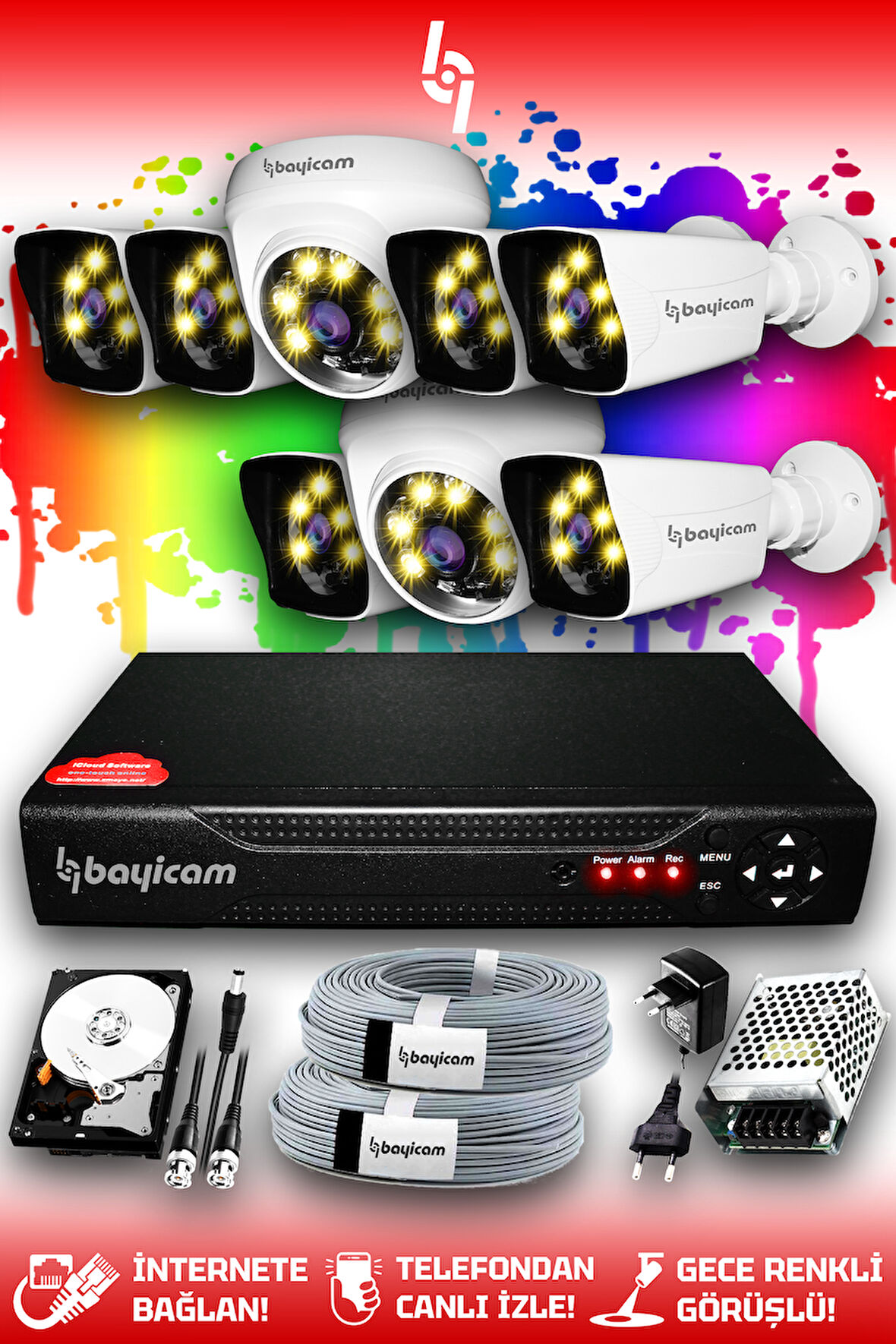 BAYICAM 8 Kameralı Kare 2 İç Kamera Set 250 GB HDD Full HD Renkli Gece Görüşlü Güvenlik Kamerası Sistemi