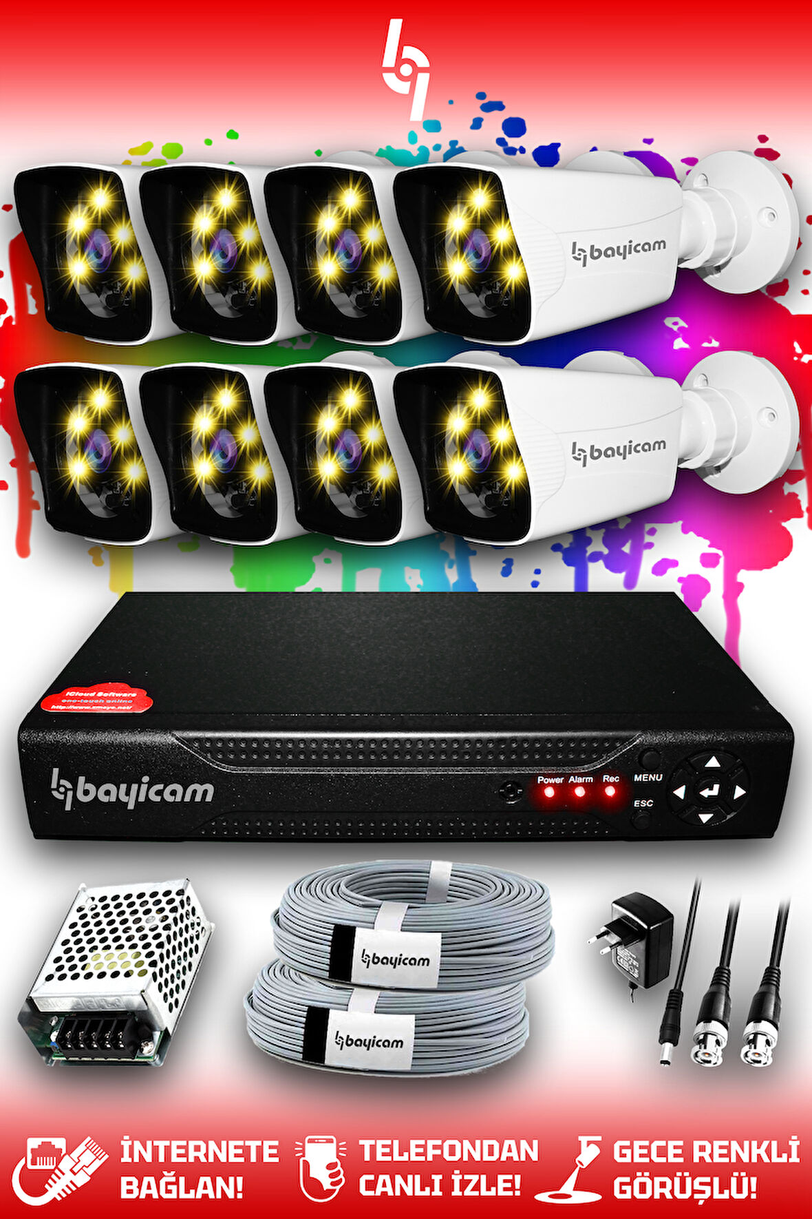 BAYICAM 8 Kameralı Kare 8 Dış Kamera Set HDD'siz Full HD Renkli Gece Görüşlü Güvenlik Kamerası Sistemi