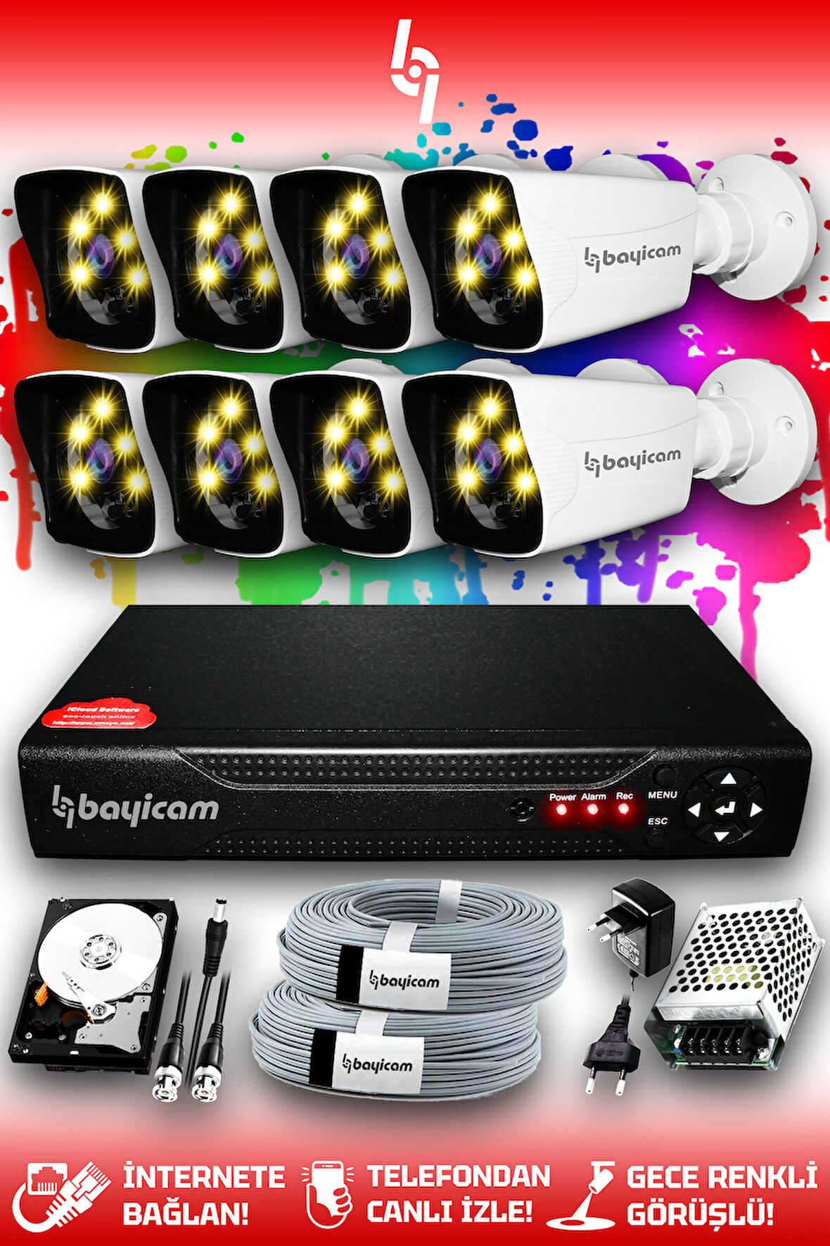 BAYICAM 8 Kameralı Kare 8 Dış Kamera Set 100 GB HDD Full HD Renkli Gece Görüşlü Güvenlik Kamerası Sistemi