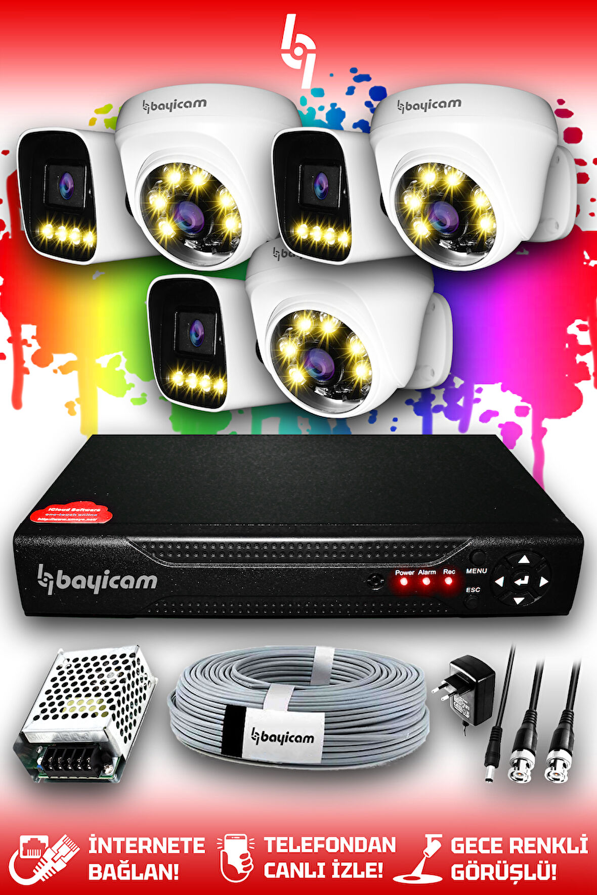 BAYICAM 6 Kameralı Zebra 3 İç Kamera Set HDD'siz Full HD Renkli Gece Görüşlü Güvenlik Kamerası Sistemi