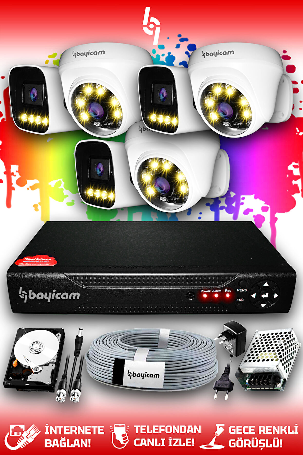 BAYICAM 6 Kameralı Zebra 3 İç Kamera Set 320 GB HDD Full HD Renkli Gece Görüşlü Güvenlik Kamerası Sistemi