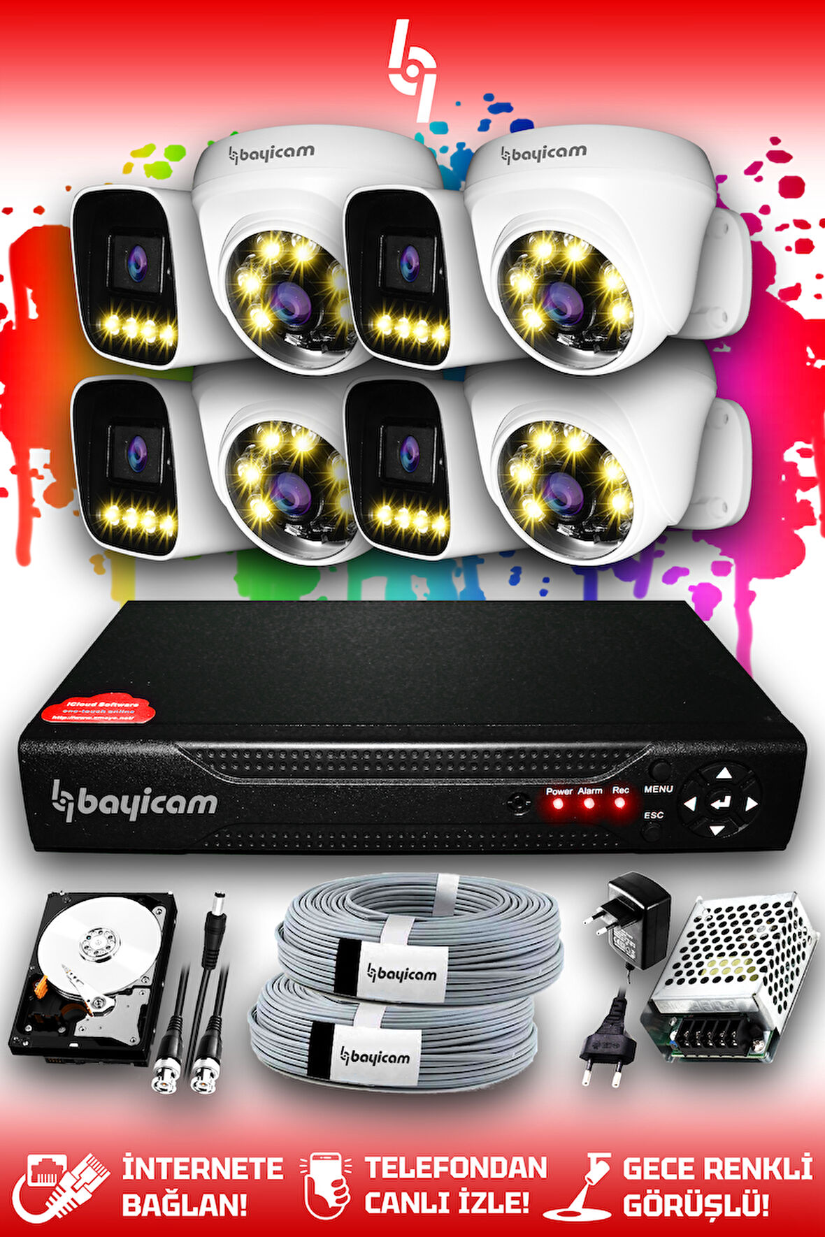 BAYICAM 8 Kameralı Zebra 4 İç Kamera Set 100 GB HDD Full HD Renkli Gece Görüşlü Güvenlik Kamerası Sistemi