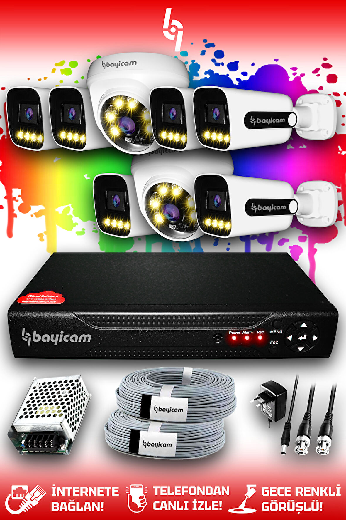 BAYICAM 8 Kameralı Zebra 2 İç Kamera Set HDD'siz Full HD Renkli Gece Görüşlü Güvenlik Kamerası Sistemi