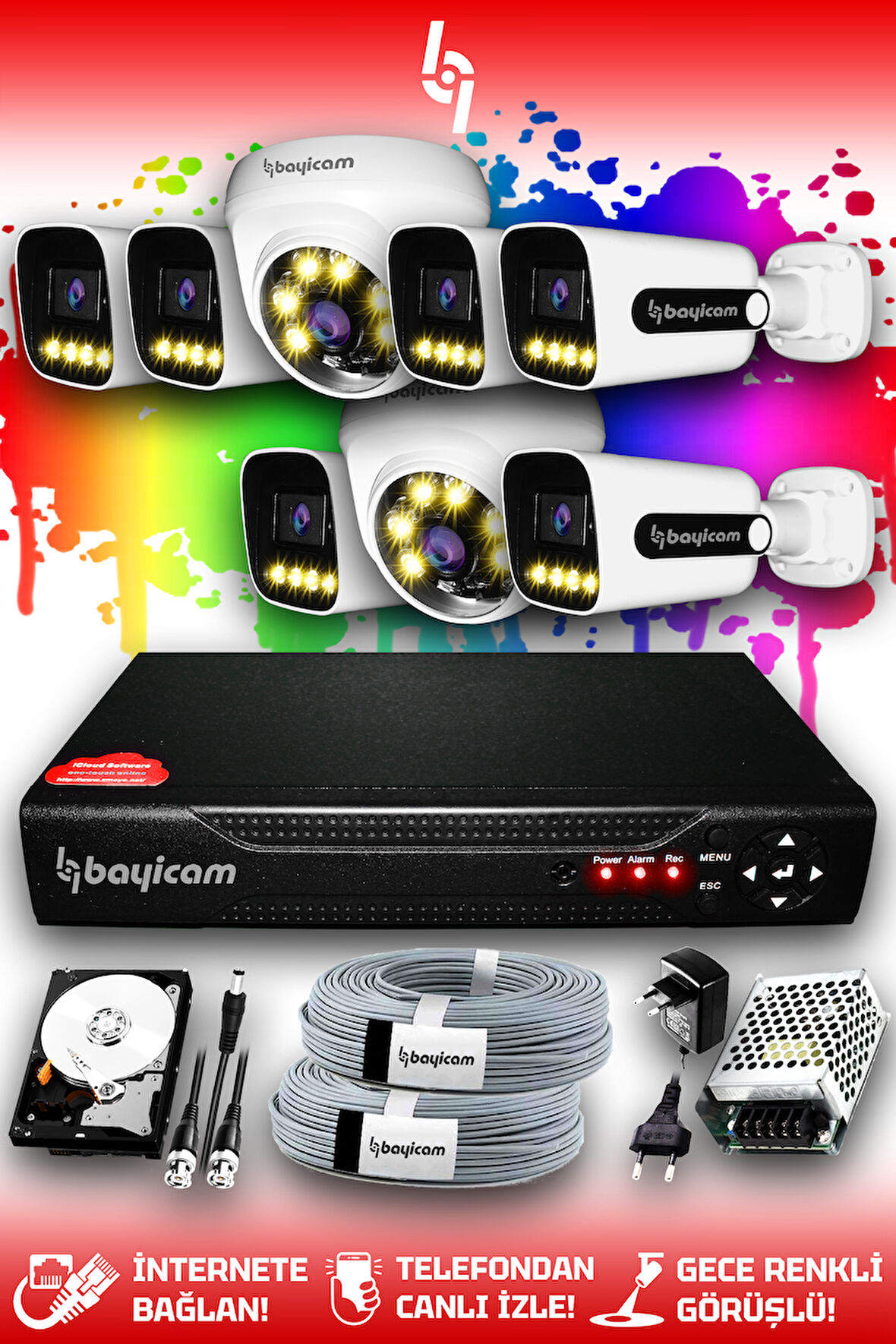 BAYICAM 8 Kameralı Zebra 2 İç Kamera Set 2 TB HDD Full HD Renkli Gece Görüşlü Güvenlik Kamerası Sistemi