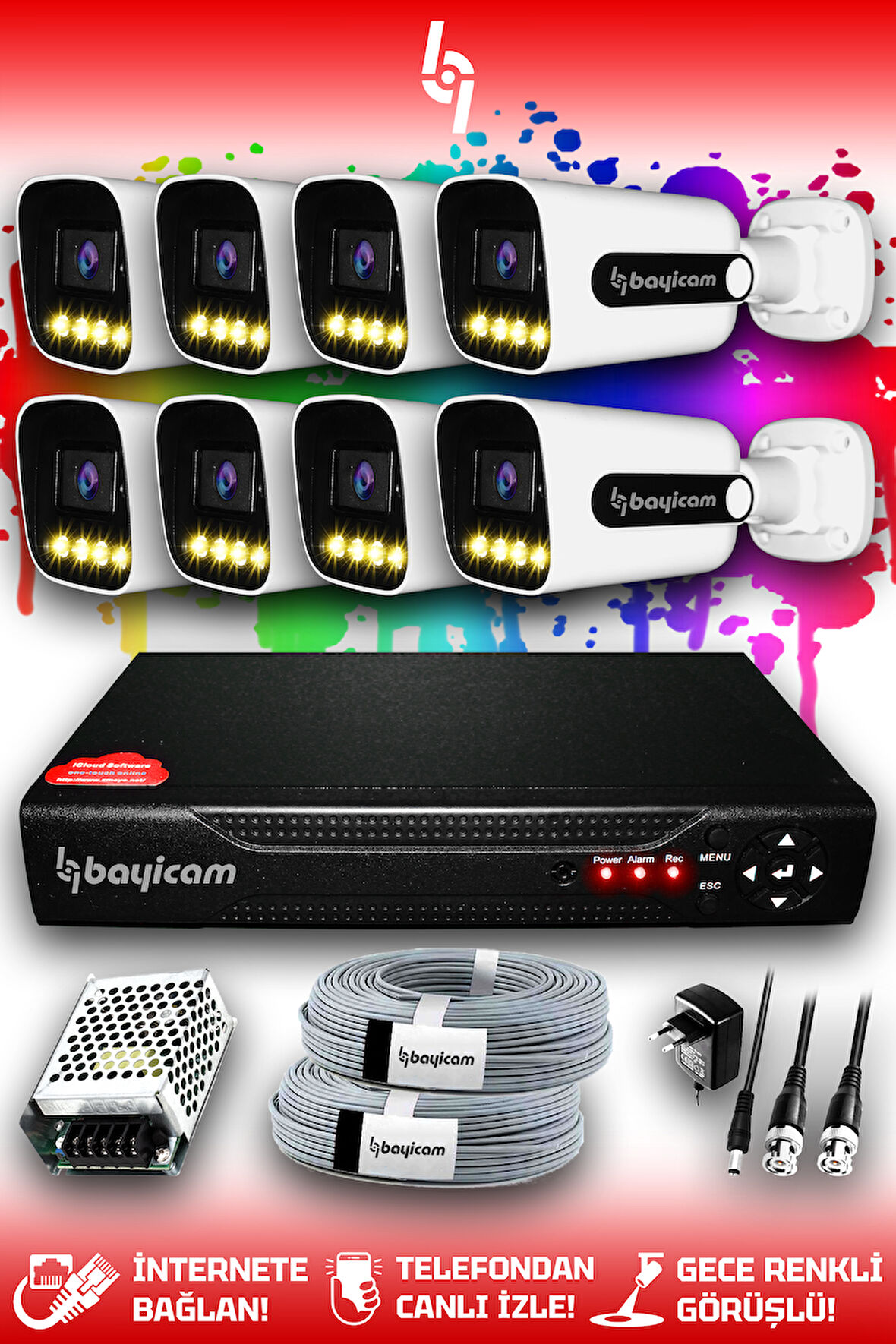 BAYICAM 8 Kameralı Zebra 8 Dış Kamera Set HDD'siz Full HD Renkli Gece Görüşlü Güvenlik Kamerası Sistemi