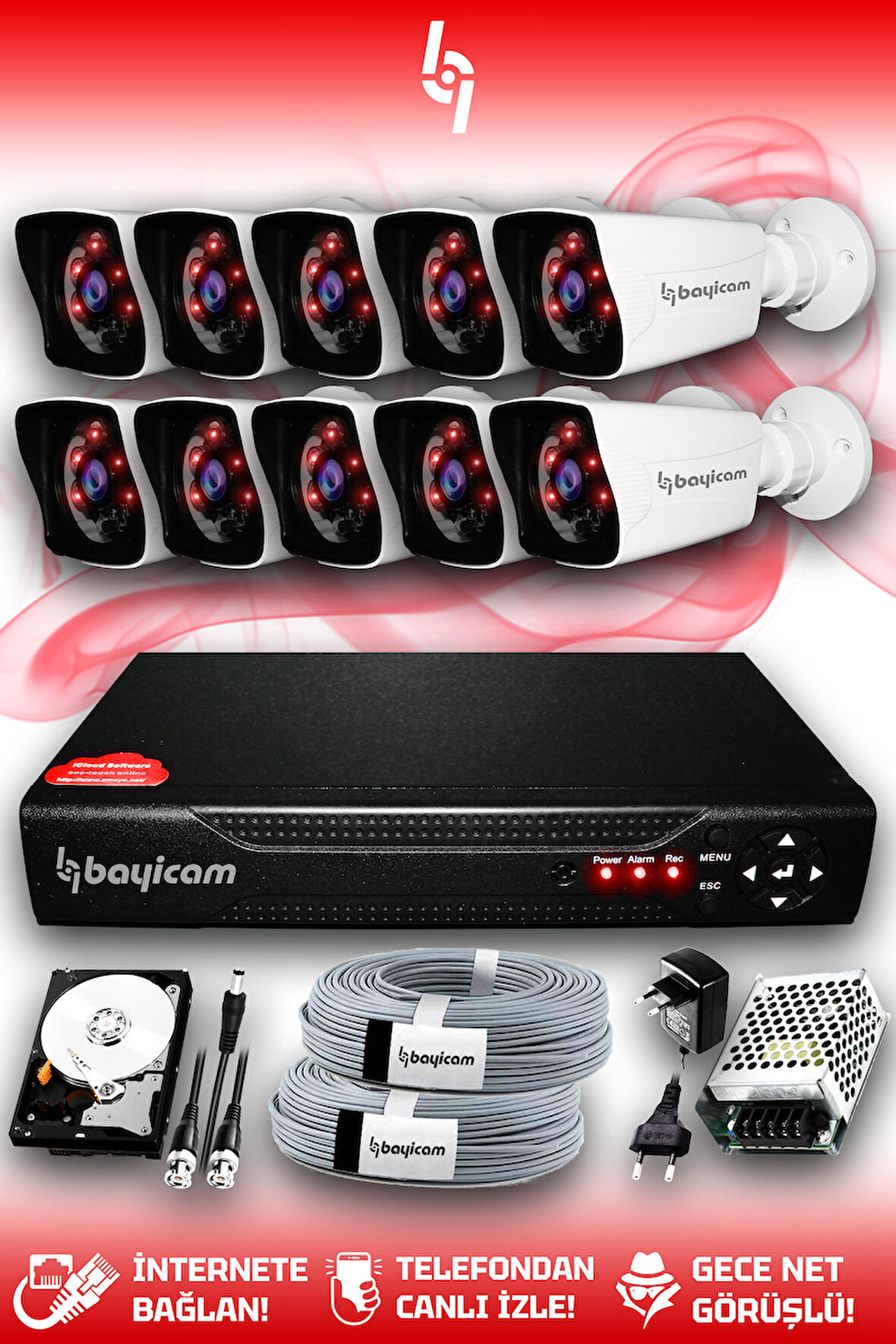 BAYICAM 10 Kameralı Kare 10 Dış Kamera Set 500 GB HDD Full HD Gece Görüşlü Güvenlik Kamerası Sistemi
