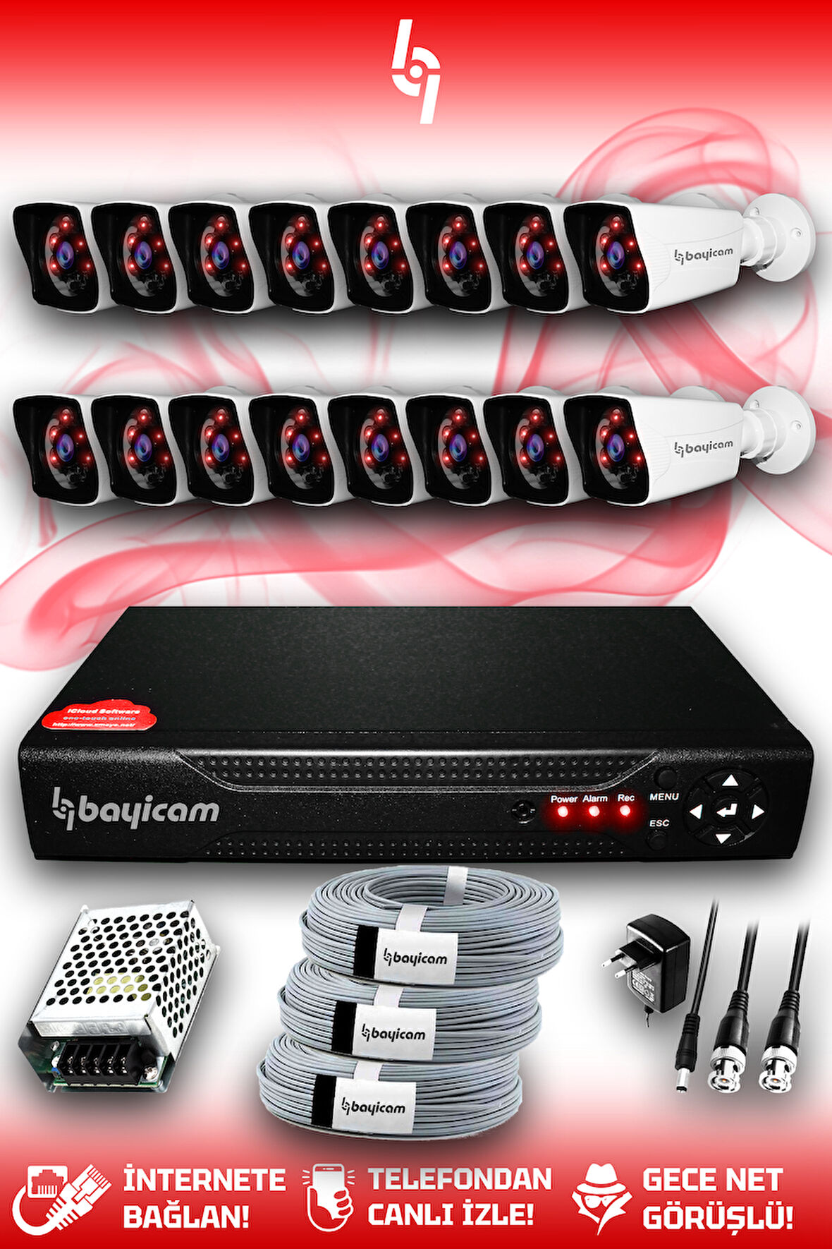 BAYICAM 16 Kameralı Kare 16 Dış Kamera Set HDD'siz Full HD Gece Görüşlü Güvenlik Kamerası Sistemi