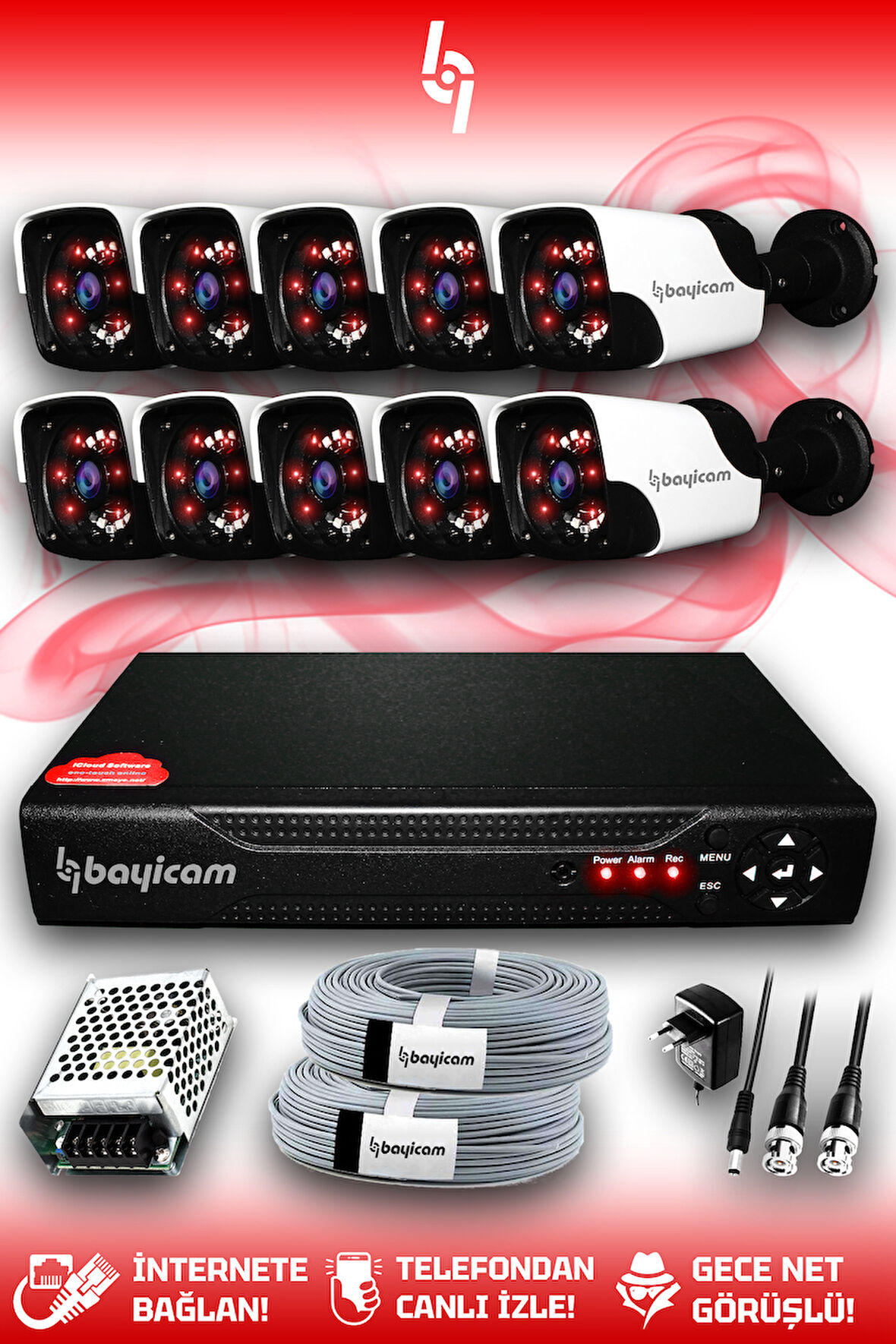 BAYICAM 10 Kameralı Panda 10 Dış Kamera Set HDD'siz Full HD Gece Görüşlü Güvenlik Kamerası Sistemi