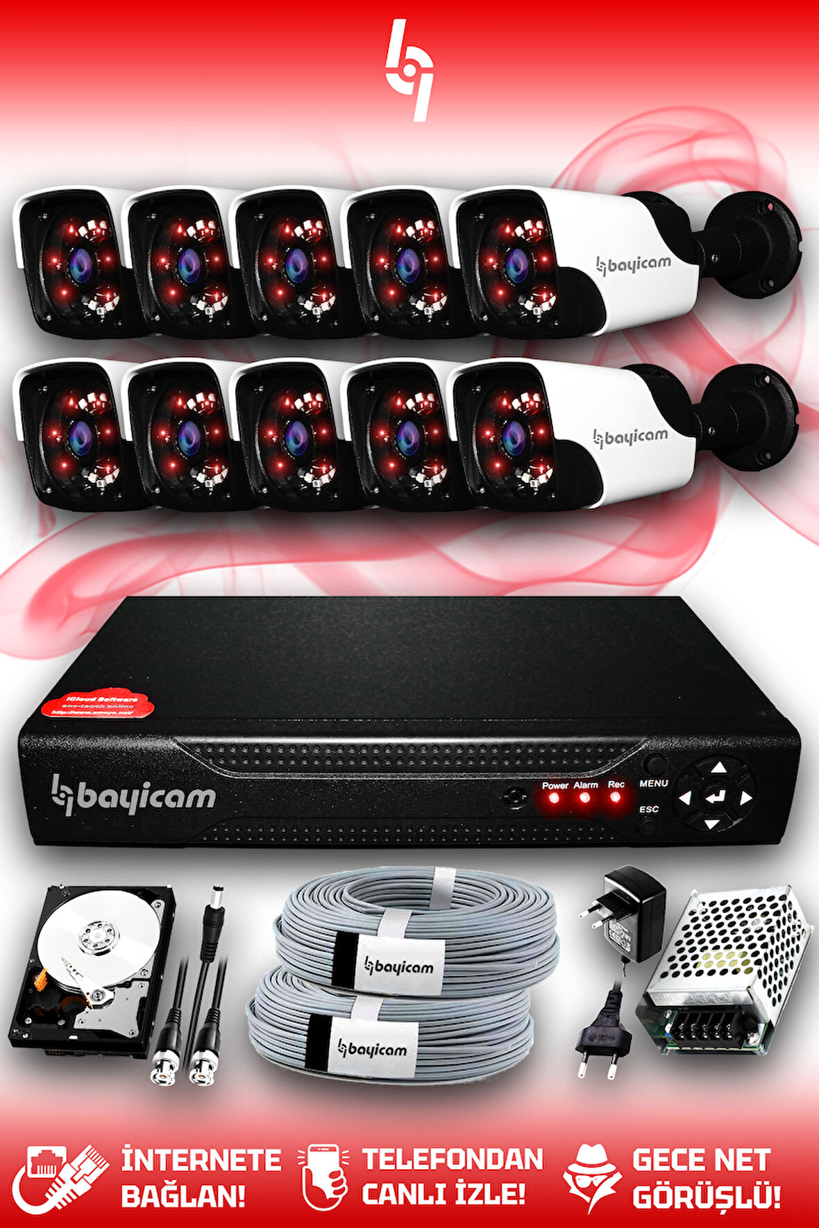 BAYICAM 10 Kameralı Panda 10 Dış Kamera Set 1 TB HDD Full HD Gece Görüşlü Güvenlik Kamerası Sistemi