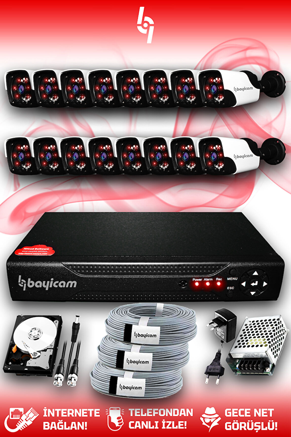 BAYICAM 16 Kameralı Panda 16 Dış Kamera Set 100 GB HDD Full HD Gece Görüşlü Güvenlik Kamerası Sistemi