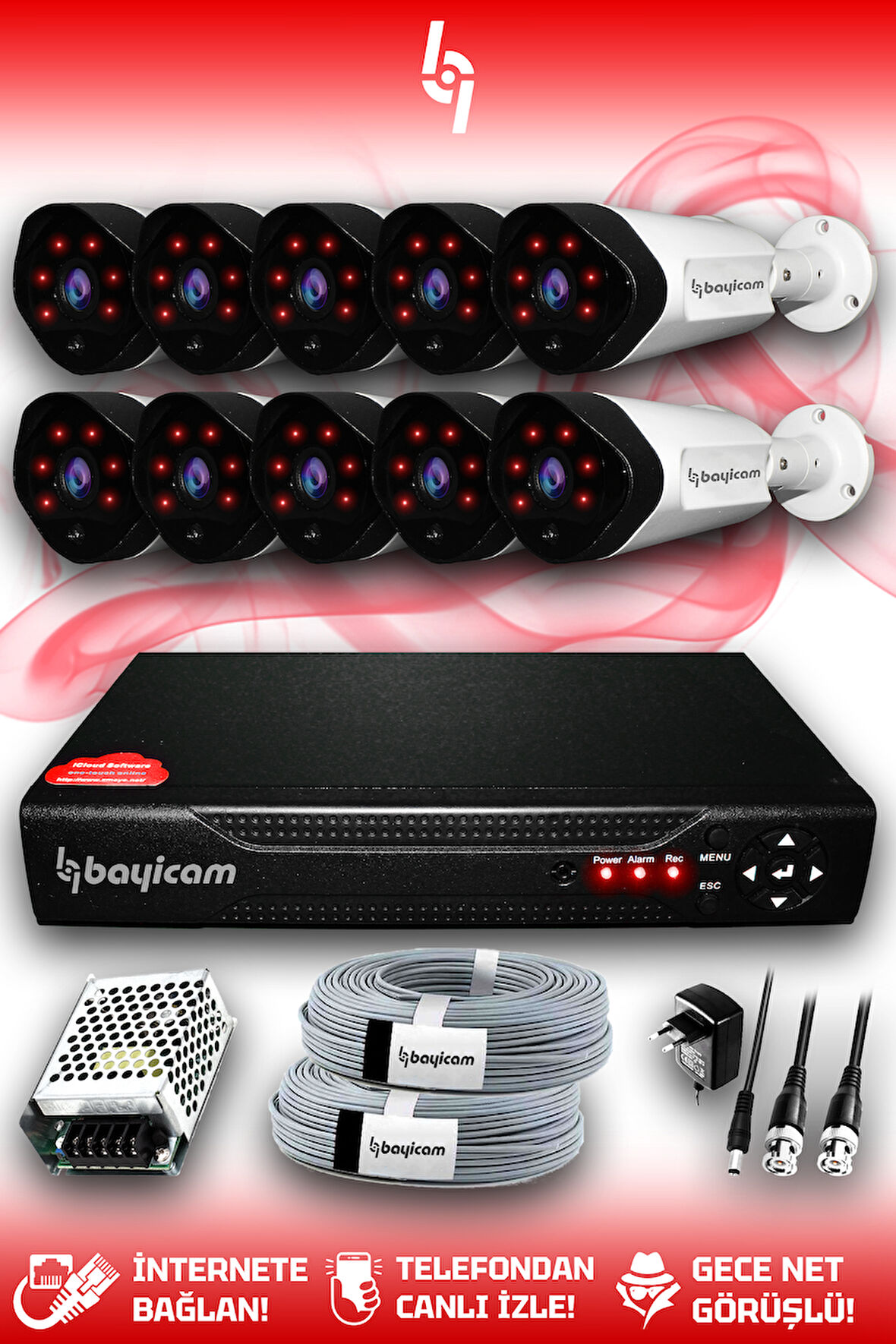 BAYICAM 10 Kameralı Uzay 10 Dış Kamera Set HDD'siz Full HD Gece Görüşlü Güvenlik Kamerası Sistemi