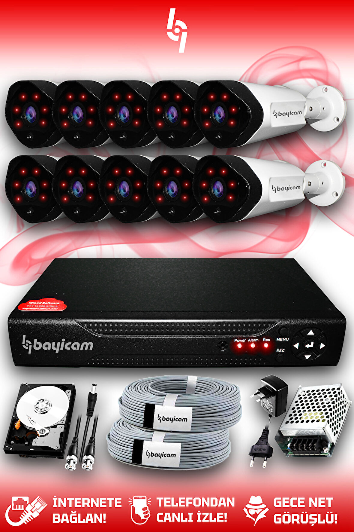 BAYICAM 10 Kameralı Uzay 10 Dış Kamera Set 250 GB HDD Full HD Gece Görüşlü Güvenlik Kamerası Sistemi
