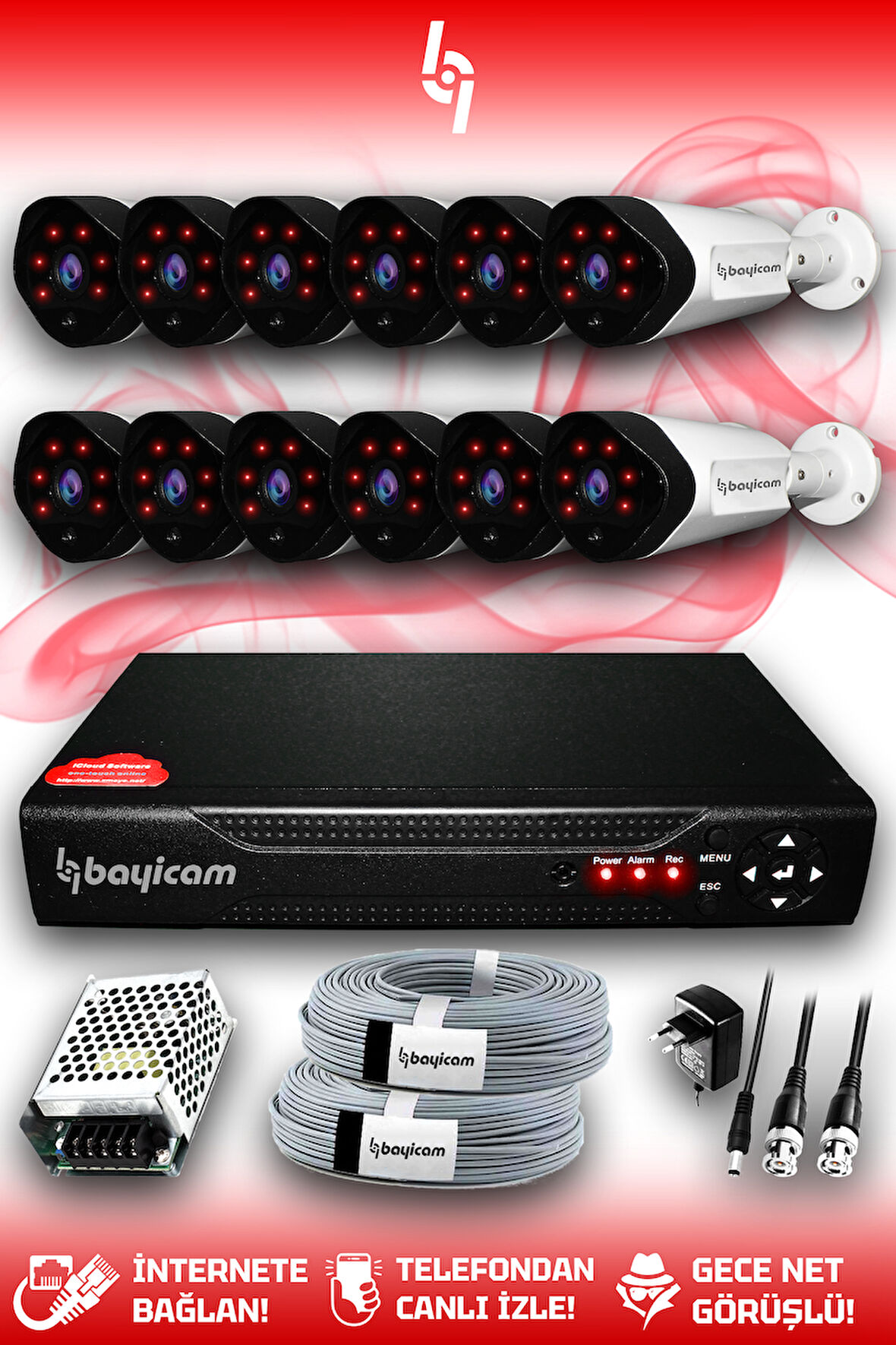 BAYICAM 12 Kameralı Uzay 12 Dış Kamera Set HDD'siz Full HD Gece Görüşlü Güvenlik Kamerası Sistemi