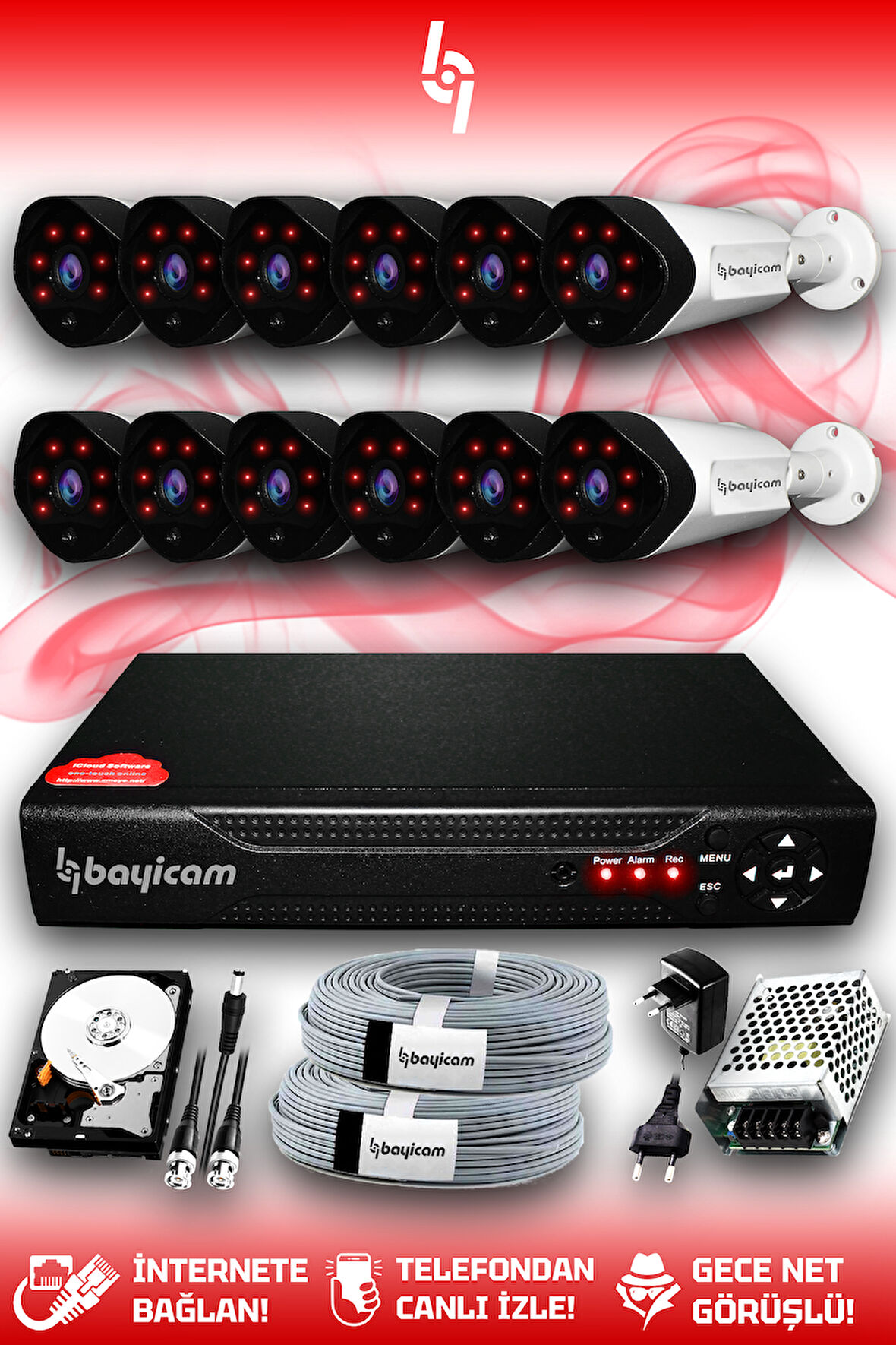BAYICAM 12 Kameralı Uzay 12 Dış Kamera Set 100 GB HDD Full HD Gece Görüşlü Güvenlik Kamerası Sistemi