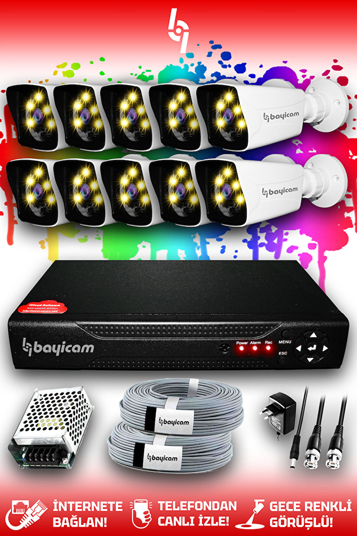 BAYICAM 10 Kameralı Kare 10 Dış Kamera Set HDD'siz Full HD Renkli Gece Görüşlü Güvenlik Kamerası Sistemi