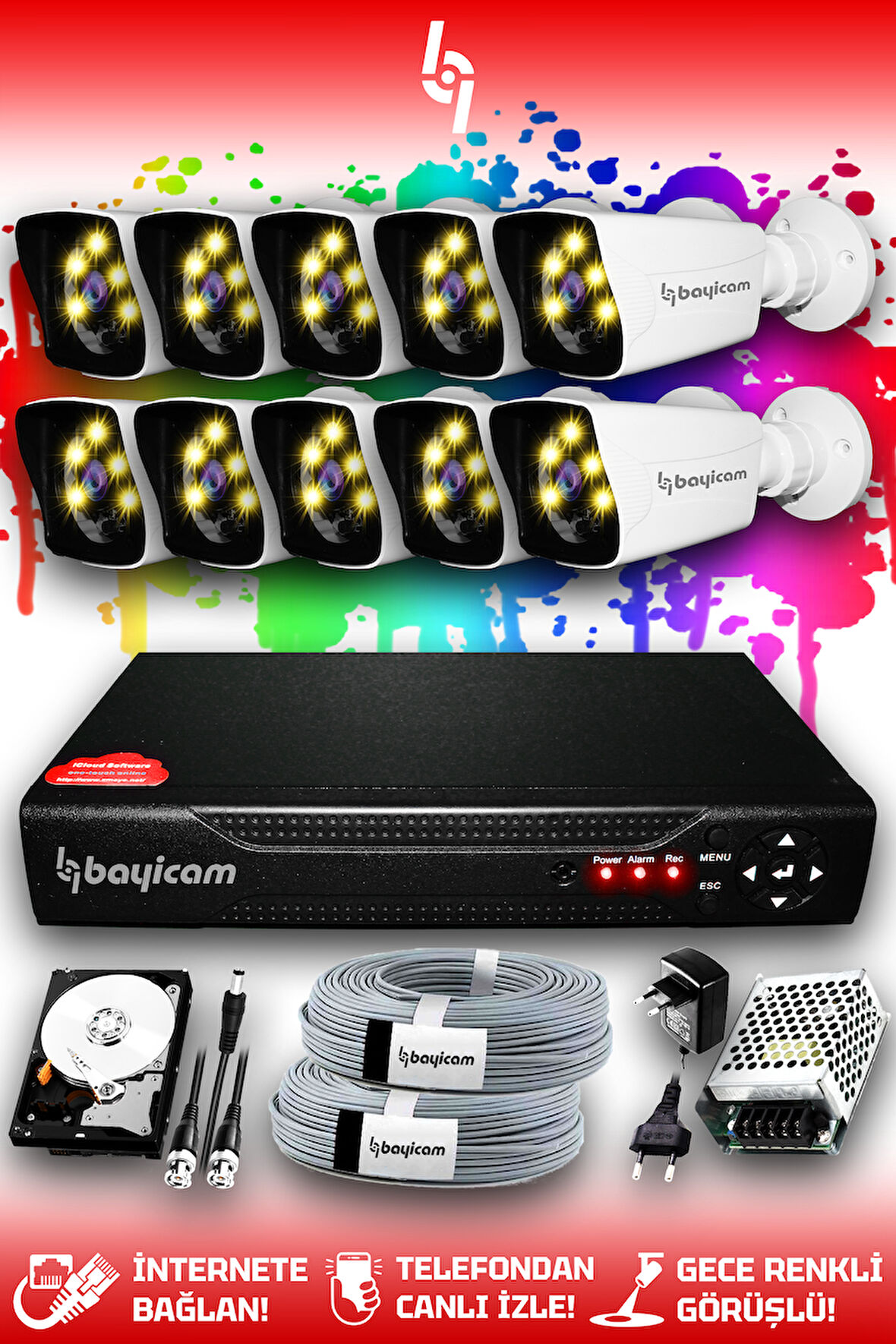 BAYICAM 10 Kameralı Kare 10 Dış Kamera Set 100 GB HDD Full HD Renkli Gece Görüşlü Güvenlik Kamerası Sistemi