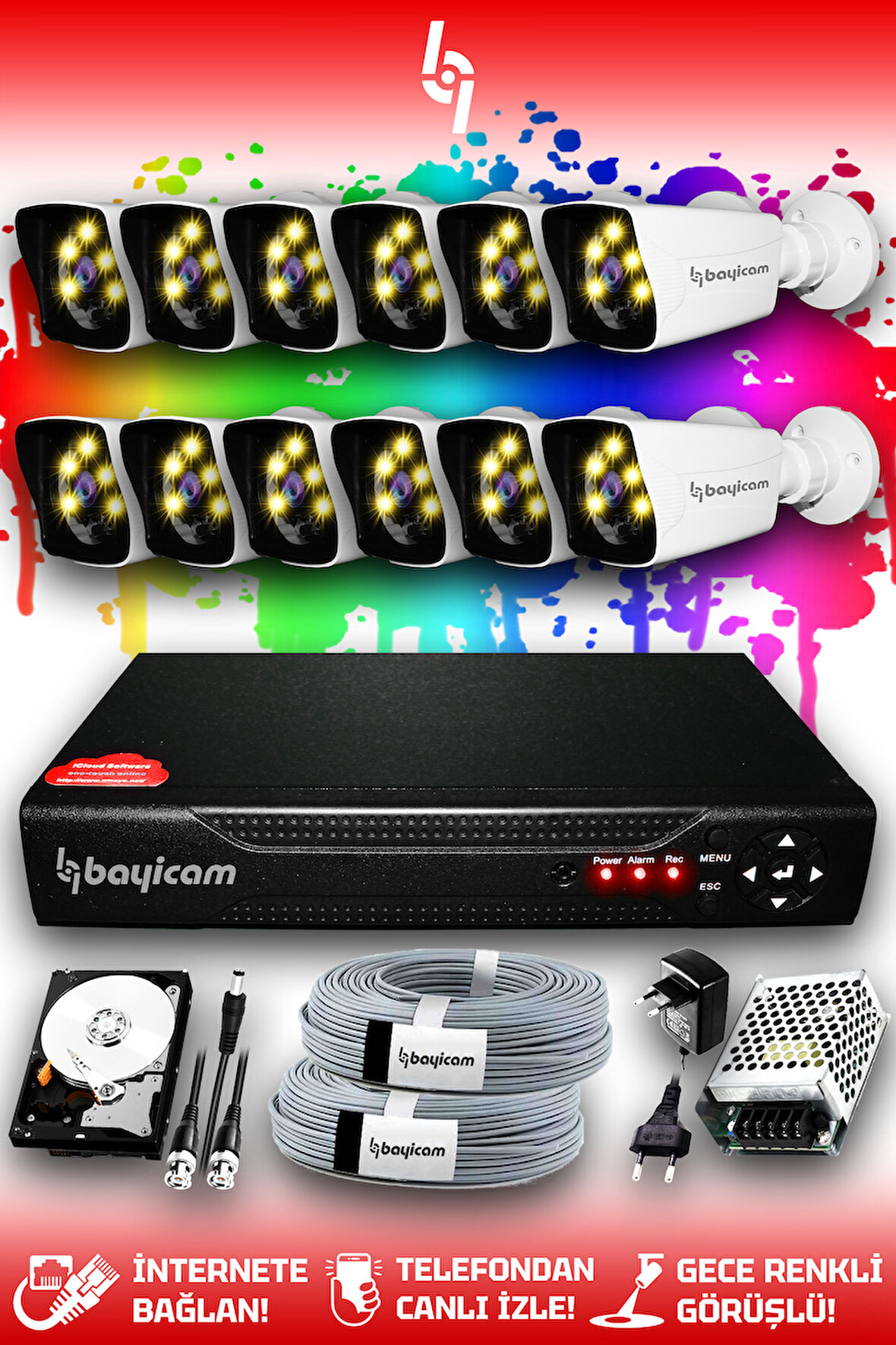 BAYICAM 12 Kameralı Kare 12 Dış Kamera Set 320 GB HDD Full HD Renkli Gece Görüşlü Güvenlik Kamerası Sistemi