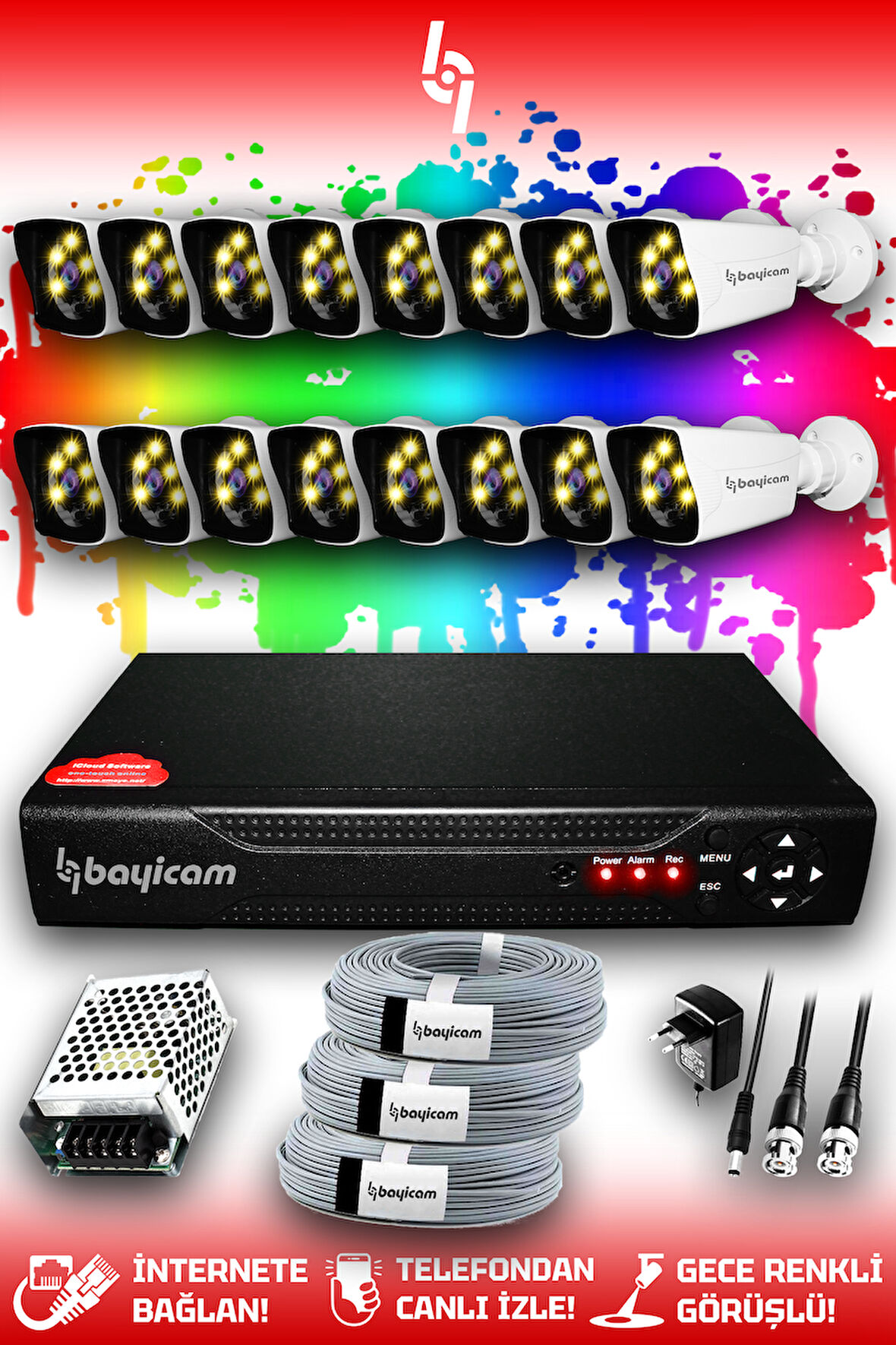 BAYICAM 16 Kameralı Kare 16 Dış Kamera Set HDD'siz Full HD Renkli Gece Görüşlü Güvenlik Kamerası Sistemi